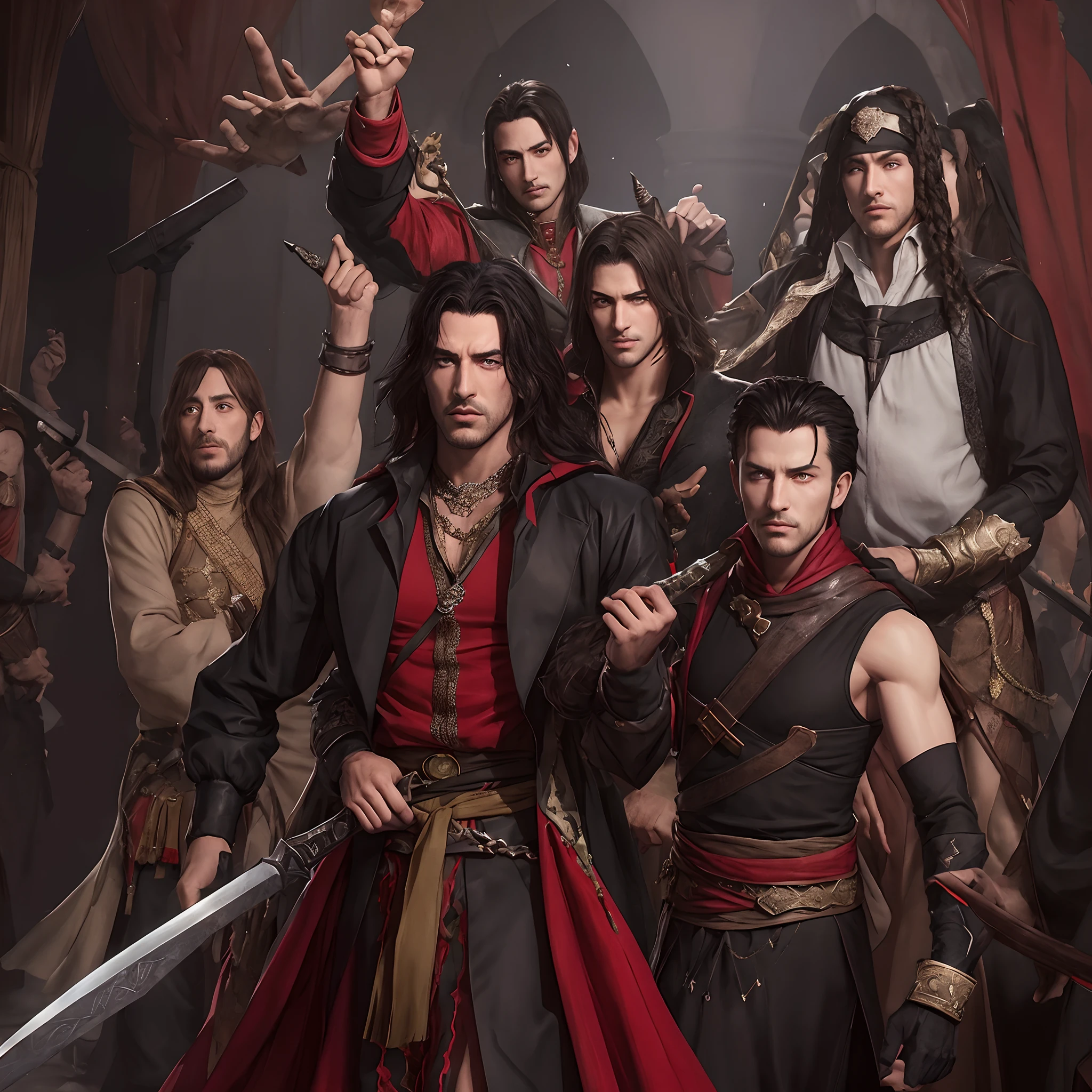 Moroccan islamic Castlevania seigneur de l’ombre hyper réaliste super détaillé plan dynamique pièce maîtresse scène de Arabian moroccan red turban hokuto no ken kenshiro Lord Dracula menant des troupes armée de démons au combat détails pointus hokuto no ken kenshiro muscular handsome warrior s style