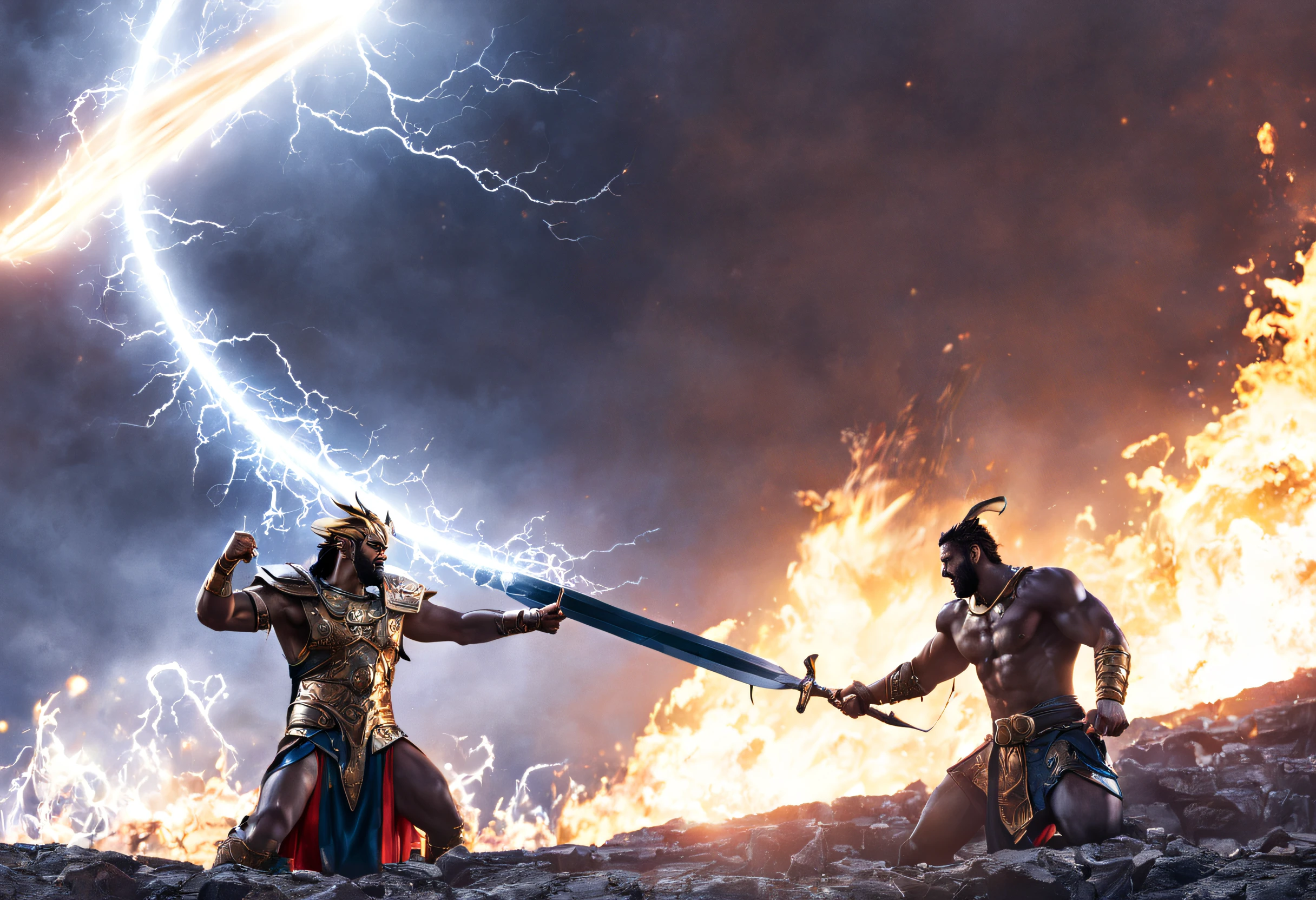 (best quality, 4k, 8k, high resolution, masterpiece: 1.2), ultra detailed, (realistic, photorealistic, photorealistic: 1.37), (epic fight between Perseus and Hades: 1.42), shiny armor, shiny weapons, intense battle, thunder and lightning, ruined temple, floating souls, fierce expressions, swirling dark energy, divine powers, rising tension, dramatic poses, otherworldly atmosphere, dynamic movement, epic clash, ethereal background, mythical creatures, dramatic camera angles, scale monumental, divine intervention, fire explosions, epic heroism, immersive battle scene, monumental fight, battle for the fate of the world, intense confrontation, vortex of power, epic victory or devastating defeat, stunning visual effects, cinematic masterpiece, lighting high contrast, surreal color palette, larger Amazing characters, composition inspired by mythology.