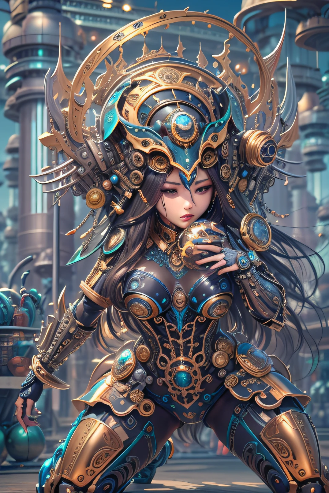 Masterpiece, high quality, 3D, 8K CG, intricate details, detailed background, sacred. Jewelry, by Dylan Kowalski, ((1girl)), upper body, muscular, sunken skin, big breasts, sexy, side-vision, short hair, prosthetics, robotic arms, synthetic skin, porcelain, pearls, holographic, titanium, diamonds, rubies, sapphires, gemstones, clockwork, junk, frayed edges, armor,