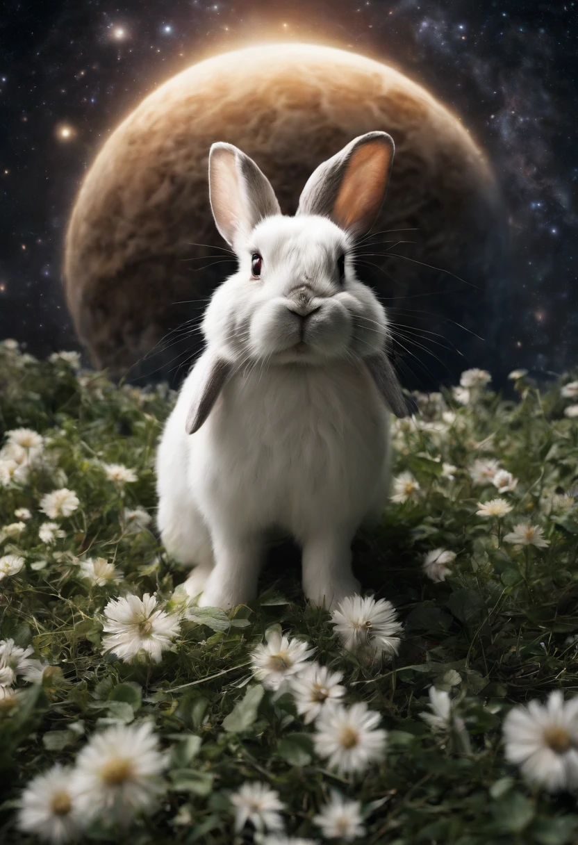 A rabbit is looking into space、Rabbit back、 The photo was taken with an 18mm wide-angle camera, In 8K Photorealism, Create images that evoke wonder and admiration for the vastness of the universe.