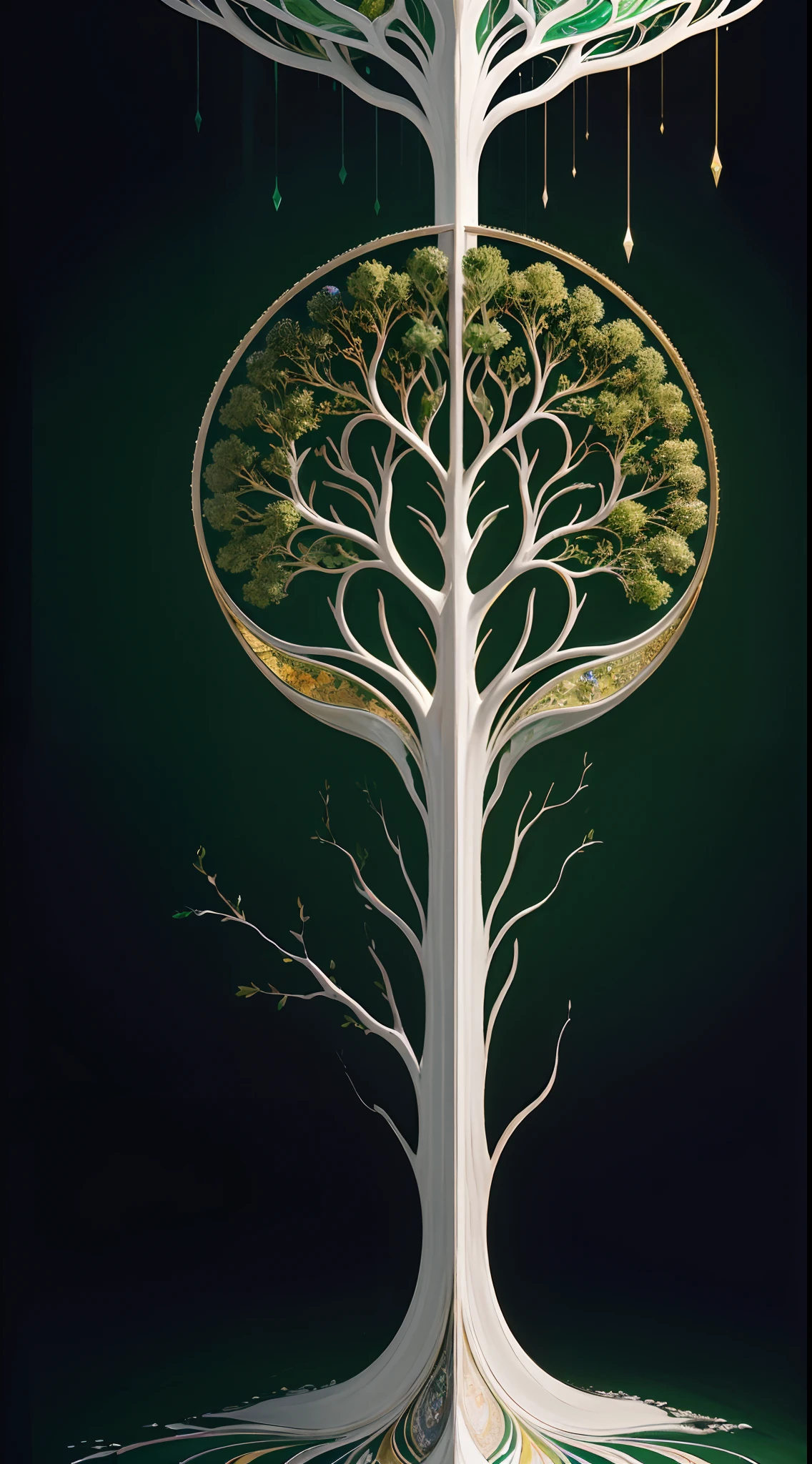 Beautiful symmetrical full body photo with oil painting,Green background,With thick brushstrokes and wet paint,the golden ratio,surrounded by crystal spheres,3D,Neurographics,neurons,The Tree of Life,colours,white colors,oil on the canvas,Thick brushstrokes,insanely details,8k ,tmasterpiece,art stations,ultra-realistic realism