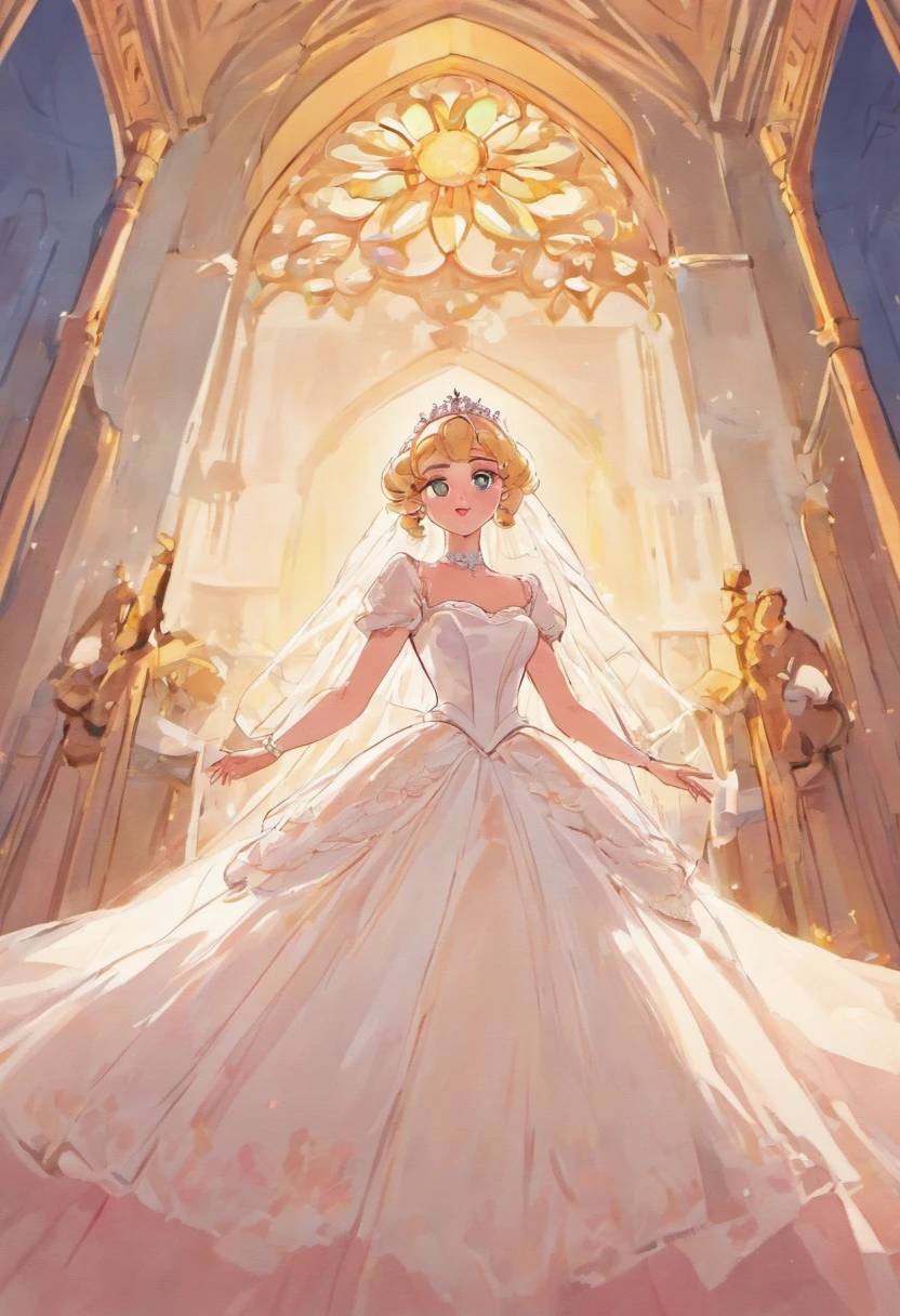 1980s style, Design sketch, Princess Grace's royal wedding dress updated for the late 1980's with a Cinderella aesthetic, influenced by Princess Diana's and Sarah Ferguson's wedding dresses