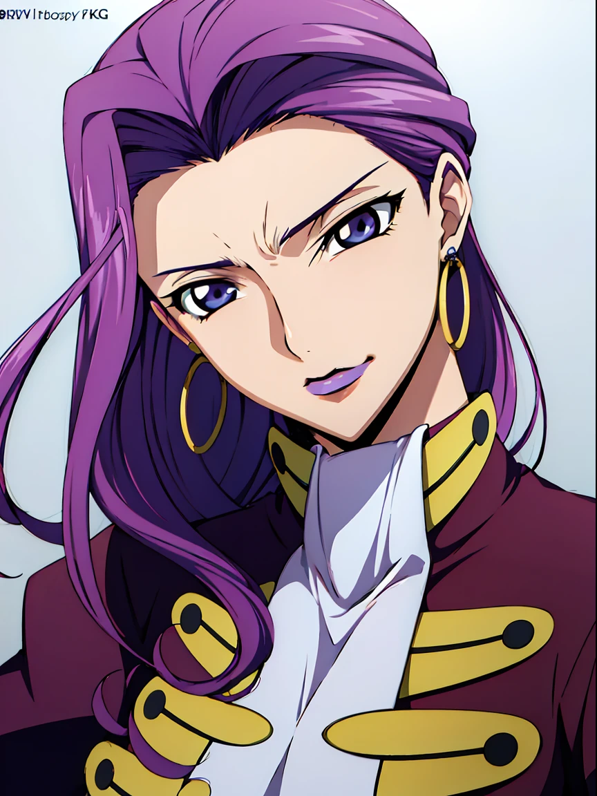 Simple white background,

((purple outfit)),Military, Military uniform,

(((Purple hair))),Purple eyes, ((((straight Hair)))),makeup,

1 girl, 35yr old,milf,Beautiful Finger,Beautiful long legs,Beautiful body,

Beautiful nose,Beautiful character design, Perfect eyes, Perfect face,Expressive eyes,Perfect balance,

Looking at Viewer,(Focus on her face),Closed mouth, (Innocent_Big_Eyes:1.0),(light_Smile:0.3),

Official art,Highly detailed CG Unity 8k wallpaper, Perfect Lighting,Colorful, Bright_front_Face_Lighting,White skin,

(masutepiece:1.0),(best_quality:1.0), 超A high resolution,4K,Ultra-detailed,

Photography, 8K, nffsw, hight resolution, absurderes:1.2, Kodak Portra 400, Film grain, Blurry background, Bokeh:1.2, Lens Flare, (Vibrant_Color:1.2),professional photograpy,

(Beautiful,breasts:1.0), (Beautiful_Face:1.5),(narrow_waist),((((hoop_earrings)))), ((((((hair slicked back))))))