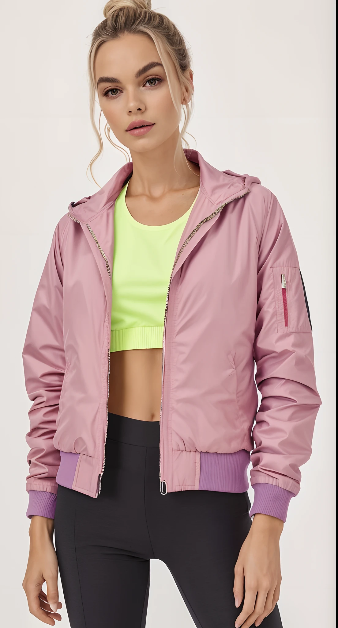 A woman with a pink jacket and black pants, roupas esportivas, suit jacket, roupas esportivas, jaqueta esportiva, jaqueta curta, roupas cor-de-rosa, roupas esportivas fofas, jaqueta bomber, casaco para uma rave, jaqueta sobre tronco nu, casaco elegante para uma rave, usando um capuz rosa, Purple jacket, usando um capuz rosa pastel, roupas pastel, encapuzado, wearing jacket