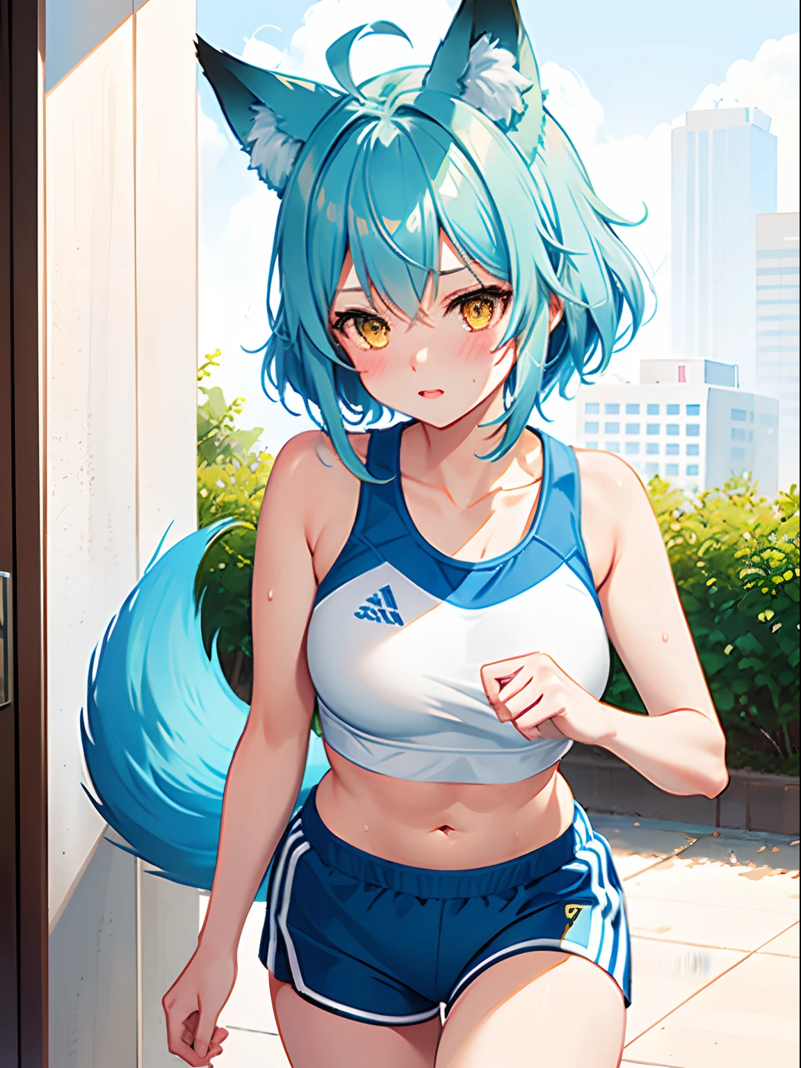 1girl in, fox ear, light blue short hair,bangs pinned back,Ahoge,Colored inner hair, yellow eyes,Cute, blush, medium breast, running, white sports bra, morning, park, sweat