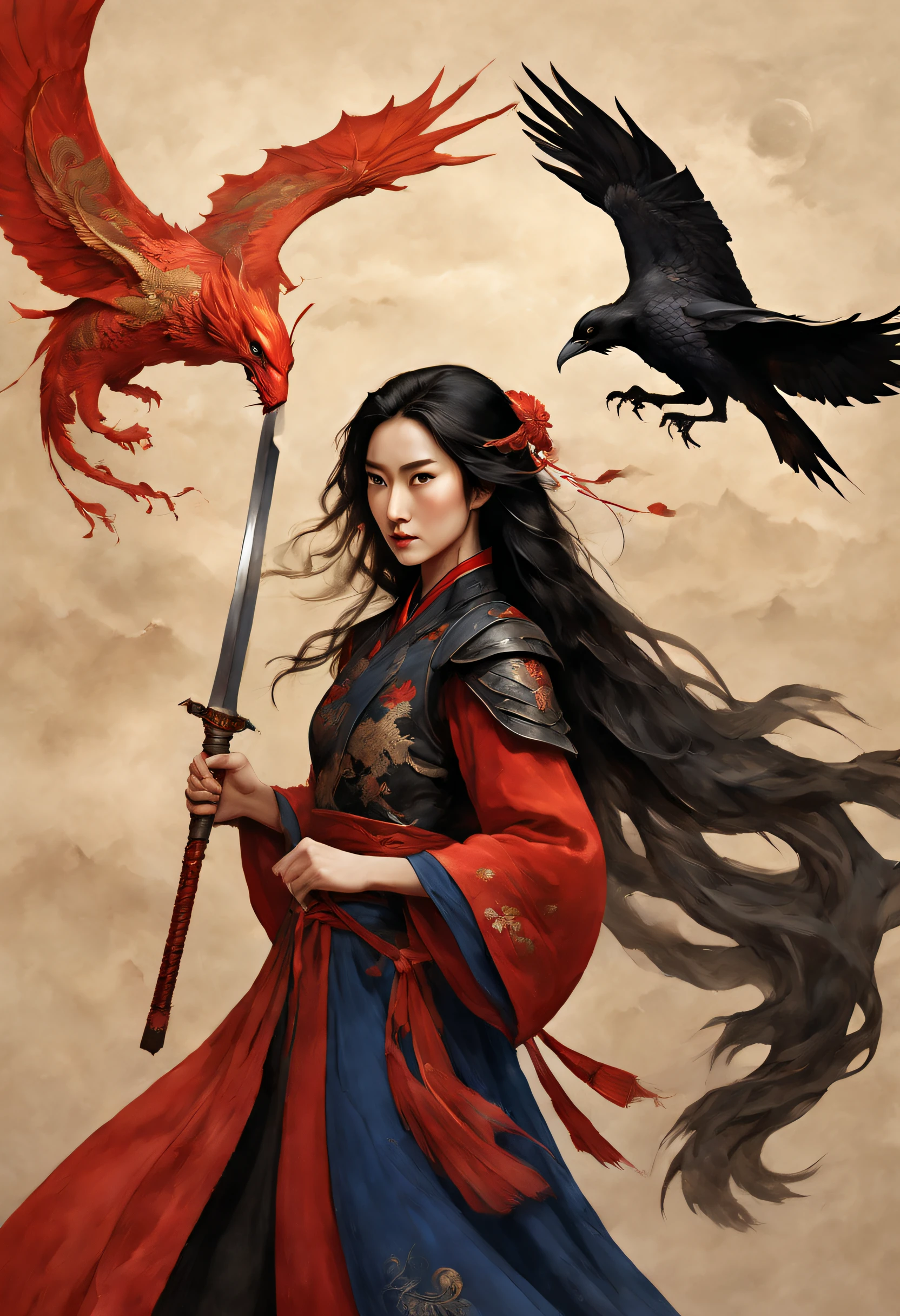 （The knight Mulan wears a phoenix helmet，Wearing dark blue armor，Wielding a long sword），（full bodyesbian），（shelmet），（Mulan wields her sword：1.3），（A very long, thick sword：0.8），Slash pose，Flashing with cold light，（The hilt of the sword is engraved with a beautiful dragon carving），Very long hair, Black hair, Big black eyes, Long eyelashes, Sexy red lips, Resolute expression, （perfect hand）, （The upper body wears dark blue armor made of fish scales and iron sheets）, （The armor was also inlaid with golden stars）, （Red skirt：1.2）, （The skirt part is floral embroidery:1.2）, （The cloak is decorated in black and gold）, disney movie《Mulan》， swordsmen，Kungfu，Chinese costume，Background embroidery: （Scarlet night sky,） （A round of the moon,）（Red Phoenix：1.1）Jupiter，Recife，Sand and foam are swirling，Blue gas vortex, swirling sand and foam, dust kicked up，Such as foam，Rivers of blood flow, （dead tree），（cawing ravens）， {{Masterpiece}}， {{{Best quality}}}， {{Ultra-detailed}}， {{{illustration}}}， {{Disheveled hair}}，Clear facial features，c4d渲染，，Look up，3Drenderingof，Background with