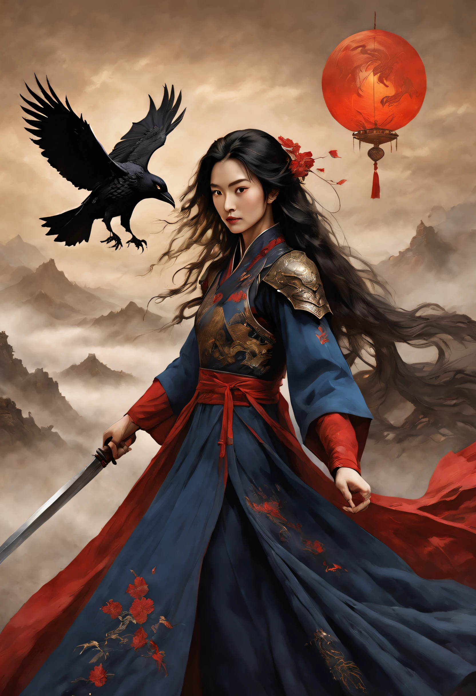 (The knight Mulan wears a phoenix helmet,Wearing dark blue armor,Wielding a long sword),(full bodyesbian),(shelmet),(Mulan wields her sword:1.3),(A very long, thick sword:0.8),Slash pose,Flashing with cold light,(The hilt of the sword is engraved with a beautiful dragon carving),Very long hair, Black hair, Big black eyes, Long eyelashes, Sexy red lips, Resolute expression, (perfect hand), (The upper body wears dark blue armor made of fish scales and iron sheets), (The armor was also inlaid with golden stars), (Red skirt:1.2), (The skirt part is floral embroidery:1.2), (The cloak is decorated in black and gold), disney movie《Mulan》, swordsmen,Kungfu,Chinese costume,Background embroidery: (Scarlet night sky,) (A round of the moon,)(Red Phoenix:1.1)Jupiter,Recife,Sand and foam are swirling,Blue gas vortex, swirling sand and foam, dust kicked up,Such as foam,Rivers of blood flow, (dead tree),(cawing ravens), {{Masterpiece}}, {{{Best quality}}}, {{Ultra-detailed}}, {{{illustration}}}, {{Disheveled hair}},Clear facial features,c4d渲染,,Look up,3Drenderingof,Background with