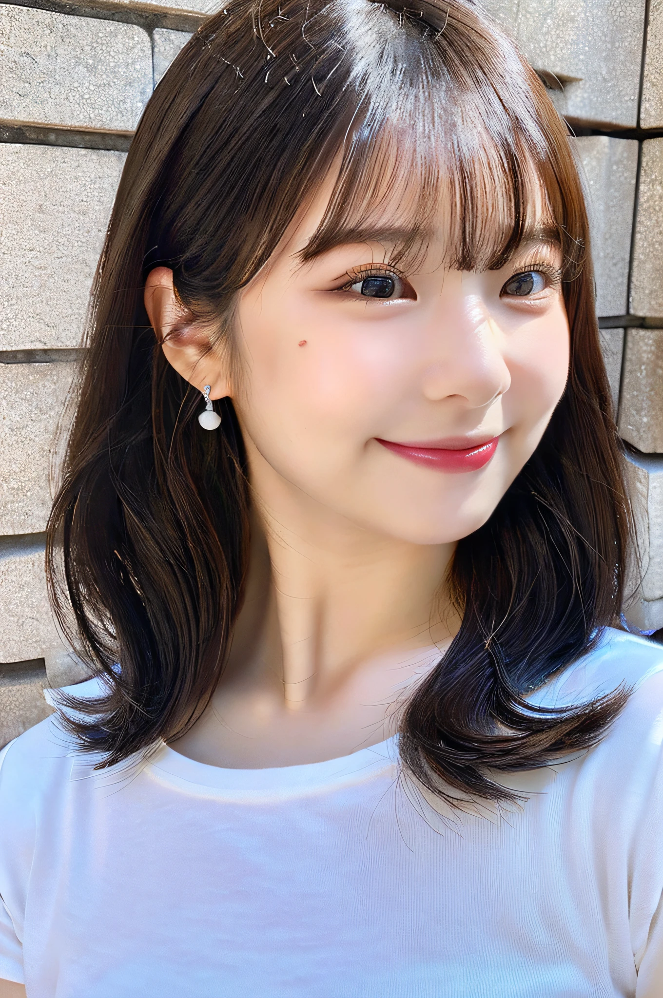 (A hyper-realistic), (illustratio), (hight resolution), (8K), (ighly detailed), (The best illustrations), (Beautiful detailed eyes), (top-quality), (ultra-detailliert), (masterpiece), (wall-paper), (详细的脸), (beautiful smiling face)、(Beautiful expression)、(A dark-haired)、Medium short bob cut hair、Black eyes、Earrings with bangs、a necklace、 独奏、(((Cute Japan Beautiful Girl)))、 ((20 years old Japan beautiful girl in white t-shirt))、 (((white t-shirts)))、(((Tight jeans)))、(())、(((G Cup Big)))、 (((Glamorous body)))、 gravure model、slightly chubby figure、((R-18))、 ((NSFW))、Full body subject