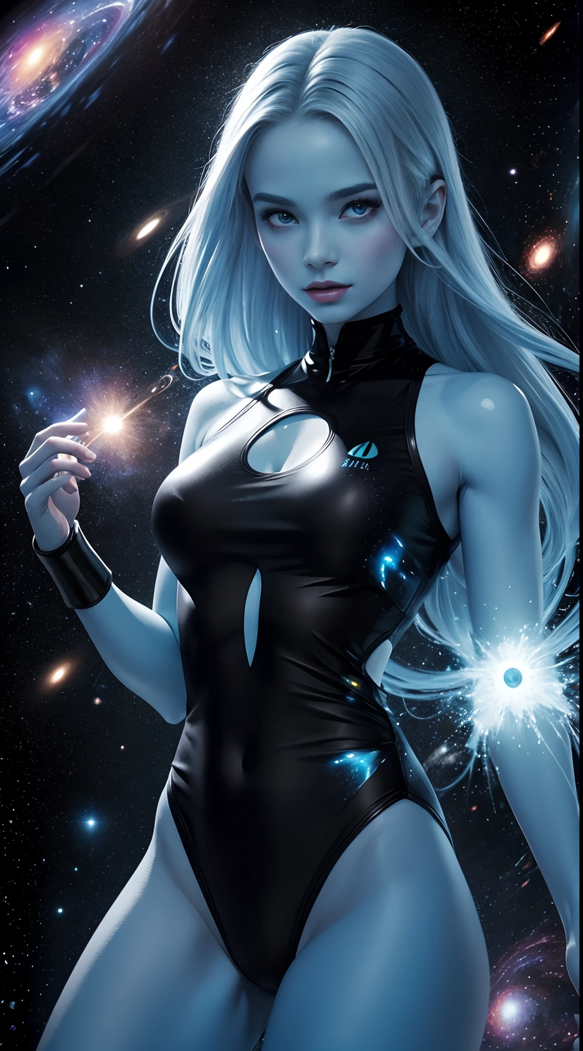 a beautiful female cosmic entity like Dr. Manhattan wearing a black bathing suit that has several galaxies running through her body
