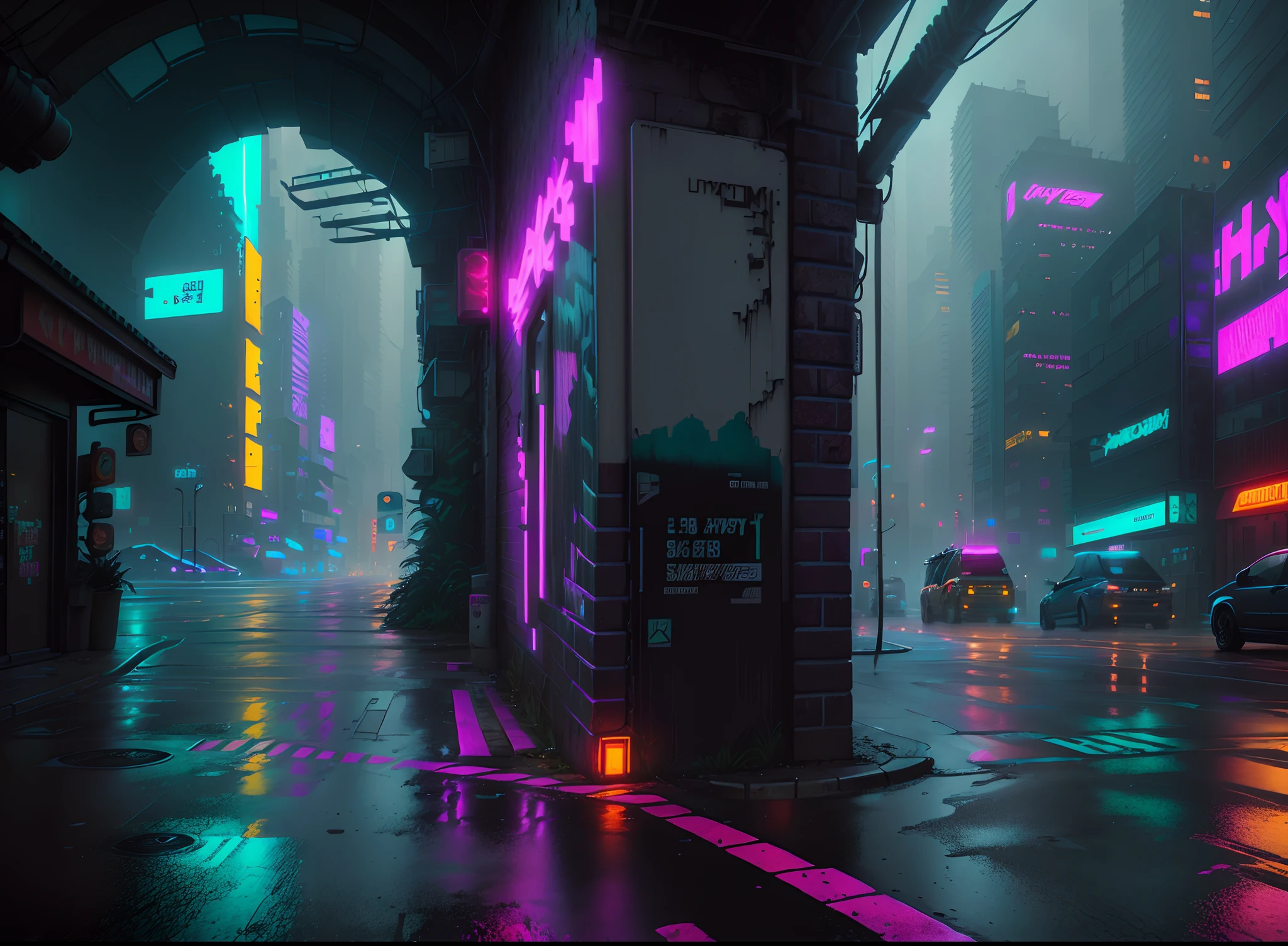 There is a photo of a city street, On which cars pass, City + Graffiti background, Left side of the image in shadow, gloom, Gothic atmosphere, Lanterns are on, Linear Lighting, Cinematic neon matte painting, Urban concept art, hyper realistic cyberpunk city, Stylized works of urban fantasy, Cyberpunk style , A hyper-realistic, cyberpunk city street background, Digital Graffiti Landscape, hyper realistic cyberpunk style, Cyberpunk Alley, cyberpunk city street, cyberpunk street, Matte Oil Painting