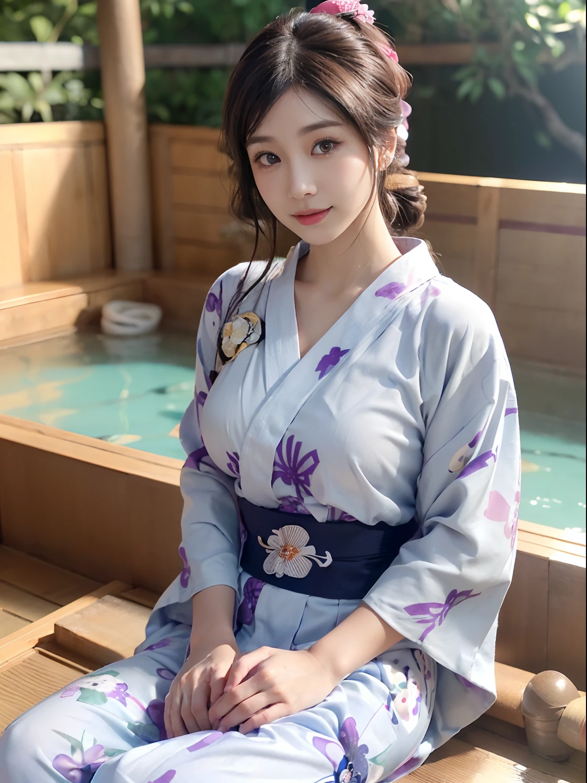 ((((top-quality))))、(((Ultra Precision CG16K Wallpapers)))、(((​masterpiece)))、(((ultra-detailliert)))、(((Ultra-extreme details)))、One woman、a matural female、a 25yo woman、((Japanese face))、((extremely beautiful face))、((sasaki nozomi:1.8))、((Semi-long cut、curly hair:1.2))、(shinny hair)、Bangs up to the eyebrows、Beautiful brown hair、Beautiful delicate eyes、Brown eyes、lofty nose、small nostrils、seductive lips、slightly open mouth、Beautiful breasts、C-cup size breasts、cleavage of the breast、Plump body、perfectly proportions、perfect anatomia、Beautiful and detailed shading、Beautiful natural lighting、Beautiful detail glow、depth of fields、(((a high chroma)))、((realisitic:1.9))、((Vivid：1.4))、((Beautiful skin))、((Skin texture))、((Realistic skin feeling))、perfect-composition、((Head-to-thigh shot))、((Angle of view from the front))、((a smile:1.2))、(Staring eyes)、Bright sunshine、((hot onsen:1.2))、(Blur the background)、((Wearing a yukata:1.5))、(a necklace)、((2 arms、Two beautiful legs))、