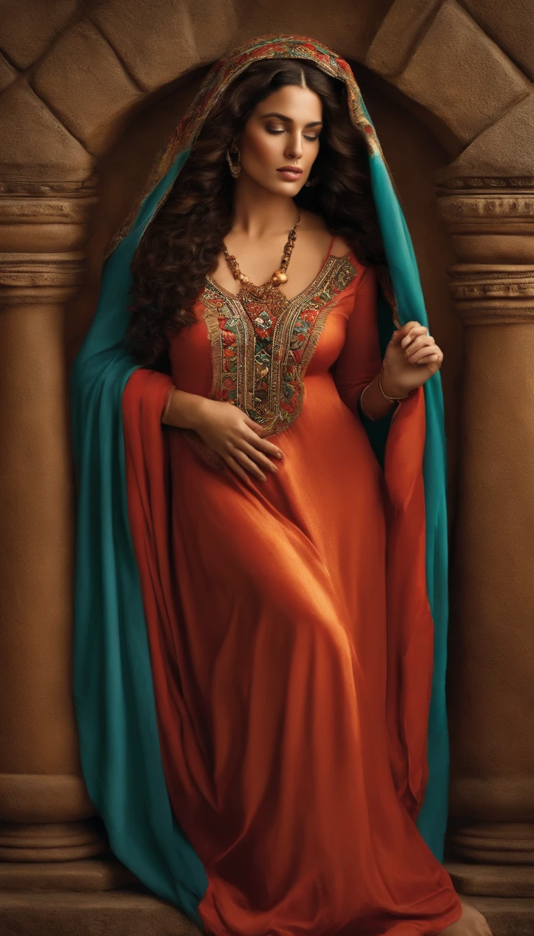 Maria, mother of Jesus, Palestino, Maria era uma morena, Beautiful woman, tinham olhos grandes, nariz e queixo finos, thick, long lips, curly hair. wearing a tunic and covering her hair, SHE IS PREGNANT