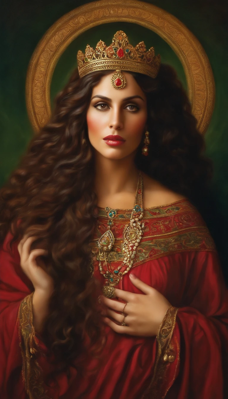 Maria, mother of Jesus, Palestino, Maria era uma morena, Beautiful woman, tinham olhos grandes, nariz e queixo finos, thick, long lips, curly hair. wearing a tunic and covering her hair, SHE IS PREGNANT