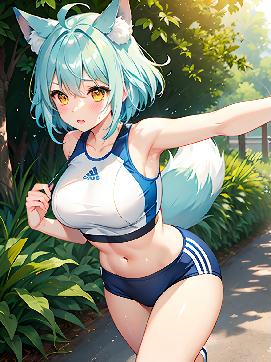 1girl in, fox ear, light blue short hair,bangs pinned back,Ahoge,Colored inner hair, yellow eyes,Cute, blush, medium breast, running, white sports bra, morning, park, sweat