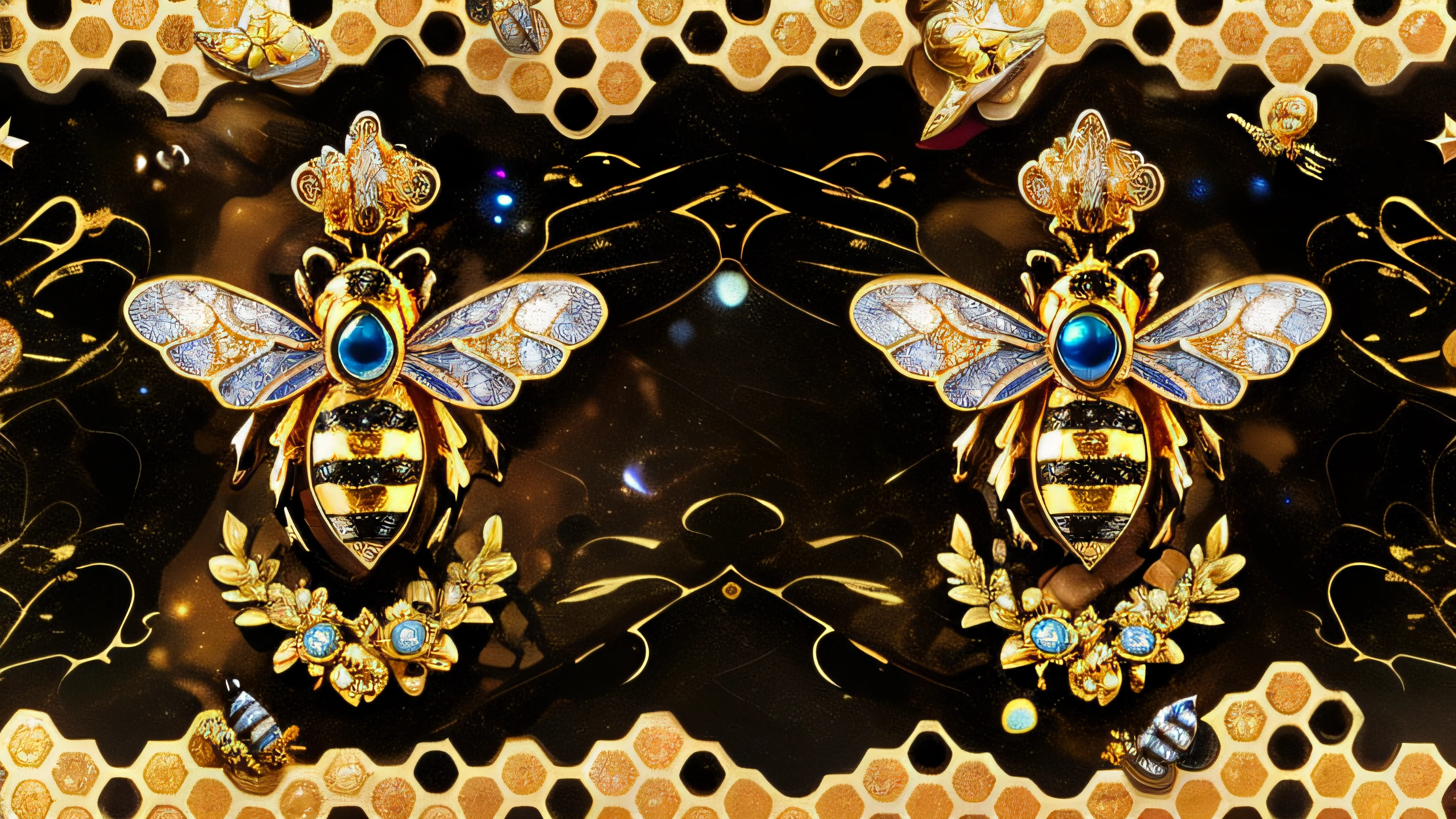 Close-up of two bee brooches set with diamonds, baroque marble and gold in space, bejewelled and encrusted royalty, honeybee, Made from bees, Black pearls and golden gemstones, beehive interior backgrounds, with ornate jewelled, honeybee, background artwork, 3 d bee, Honey and honeycombs, Masterpiece works of art