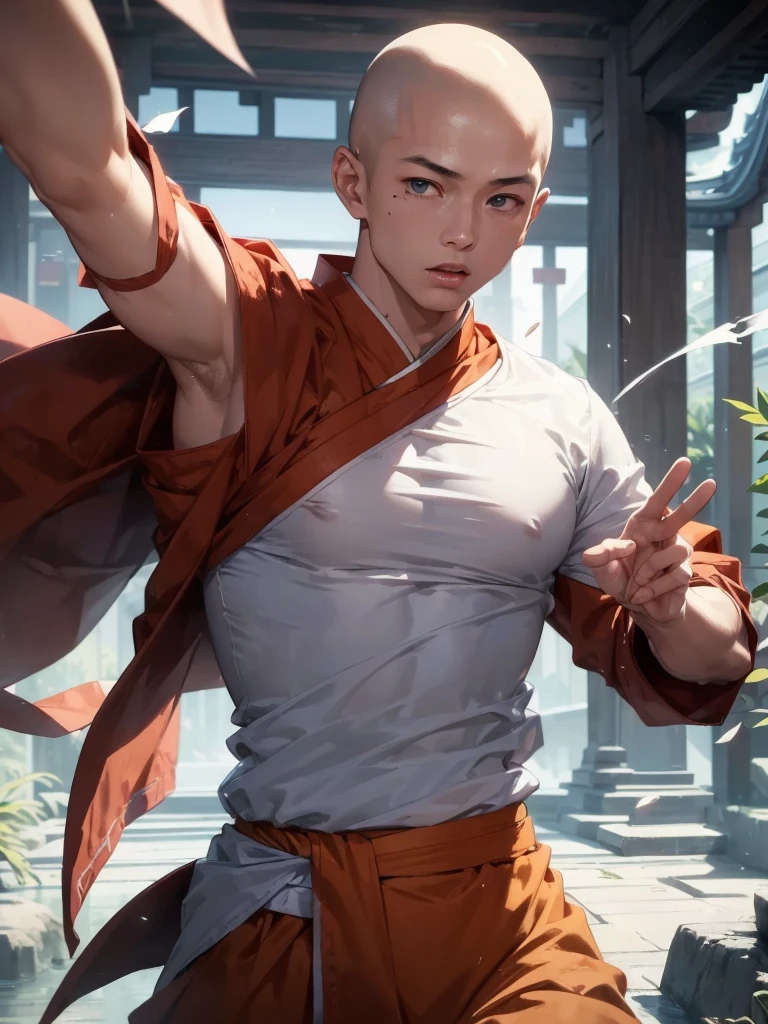 Handsome Shaolin monk、(((1 juvenile,bald-headed,buddhist monk,full bodyesbian,tear-mole:)))full bodyesbian,Sharp eyes,Clear facial features,Angular,dressed white hanfu,Chinese Kung Fu,Powerful dynamic posture,The body is surrounded by purple mist,Runes surround you,Martial arts action,Holographic reality,holographic halo,dynamic blur,Game lighting effects,rim-light,Soft light,cinematic rim light,The light is delicate