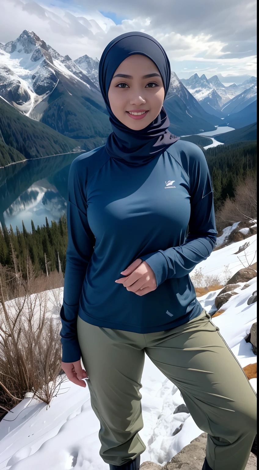 RAW, Best quality, high resolution, masterpiece: 1.3), beautiful Malay woman in hijab (iu:0.8),Best quality, high resolution, Masterpiece: 1.3, Beautiful hijabi malay girl, Masterpiece, Soft smile, bright sunshine, hiking clothes, pullover, long pants, highres,4k,HDR,1girl, photorealistic, realistic,sweat skin, wet clothes, wet body, big , ((full body))soaked, dripping, smiling at viewer, closeup,Malay girl in hijab outdoor mountaineering clothing、Wearing a knitted hat、, turtleneck,Snow-capped mountain climbing, beautiful scenery,