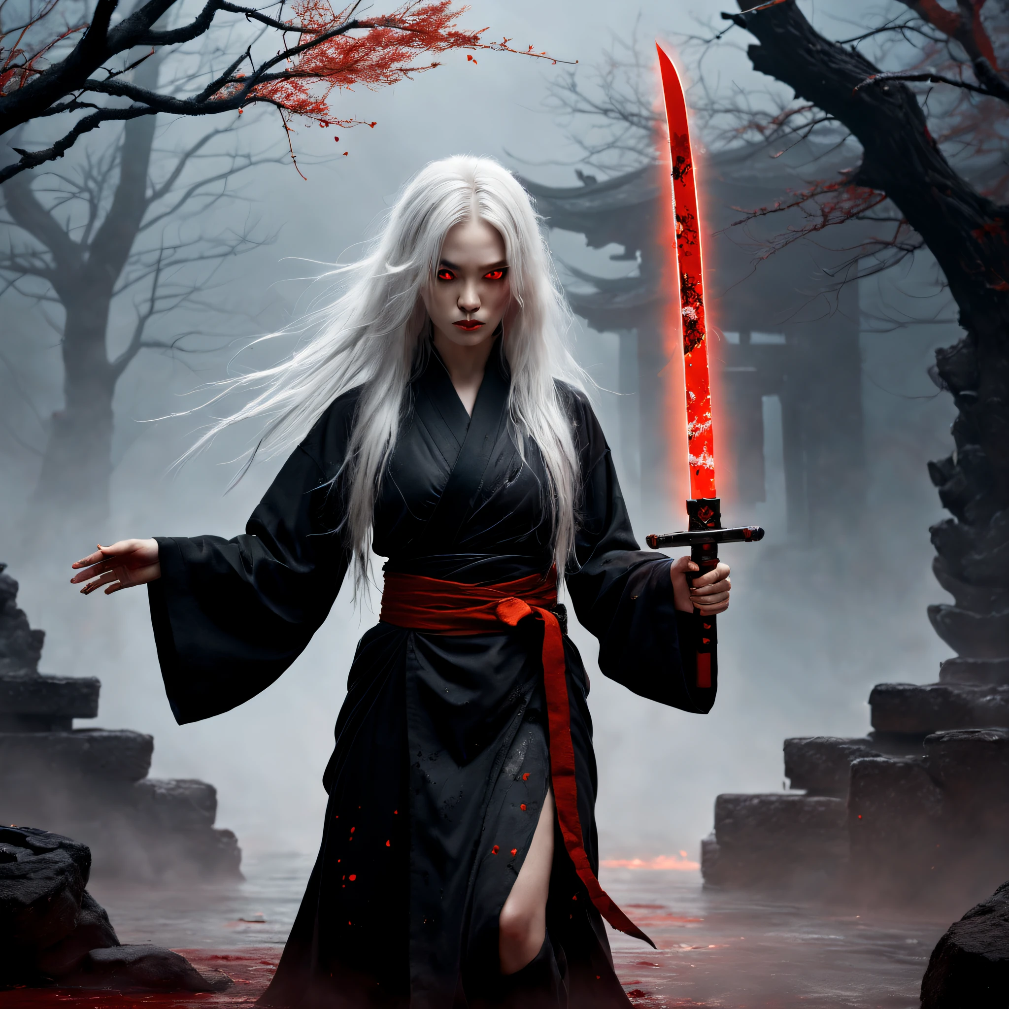 Terrible female martial arts,Holding a menacing sword,Dressed in black tattered robes,Long white hair,glowing light eyes,Tattooed with,Intimidating presence,(Blood splattered),Dark and mysterious,Twisted branches,The mist rolled in,Moonlight illuminated the scene,dark palette,Subtle orange and red,Crumbling stone buildings,Remote location,mystical aura.(Best quality,4K,A high resolution,Masterpiece:1.2),Ultra-detailed,Realistic