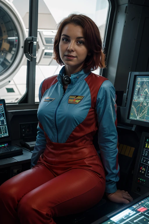 Absurd resolution, high resolution, (masterpiece: 1.4), hyper-detail, ung woman, short red hair, pilot suit, rich princess, sitting in an extremely narrow and closed mecha control room looking out the window, the window is the space universe can see the blue planet (1.5), the expression is excited, the mecha control room is in the universe