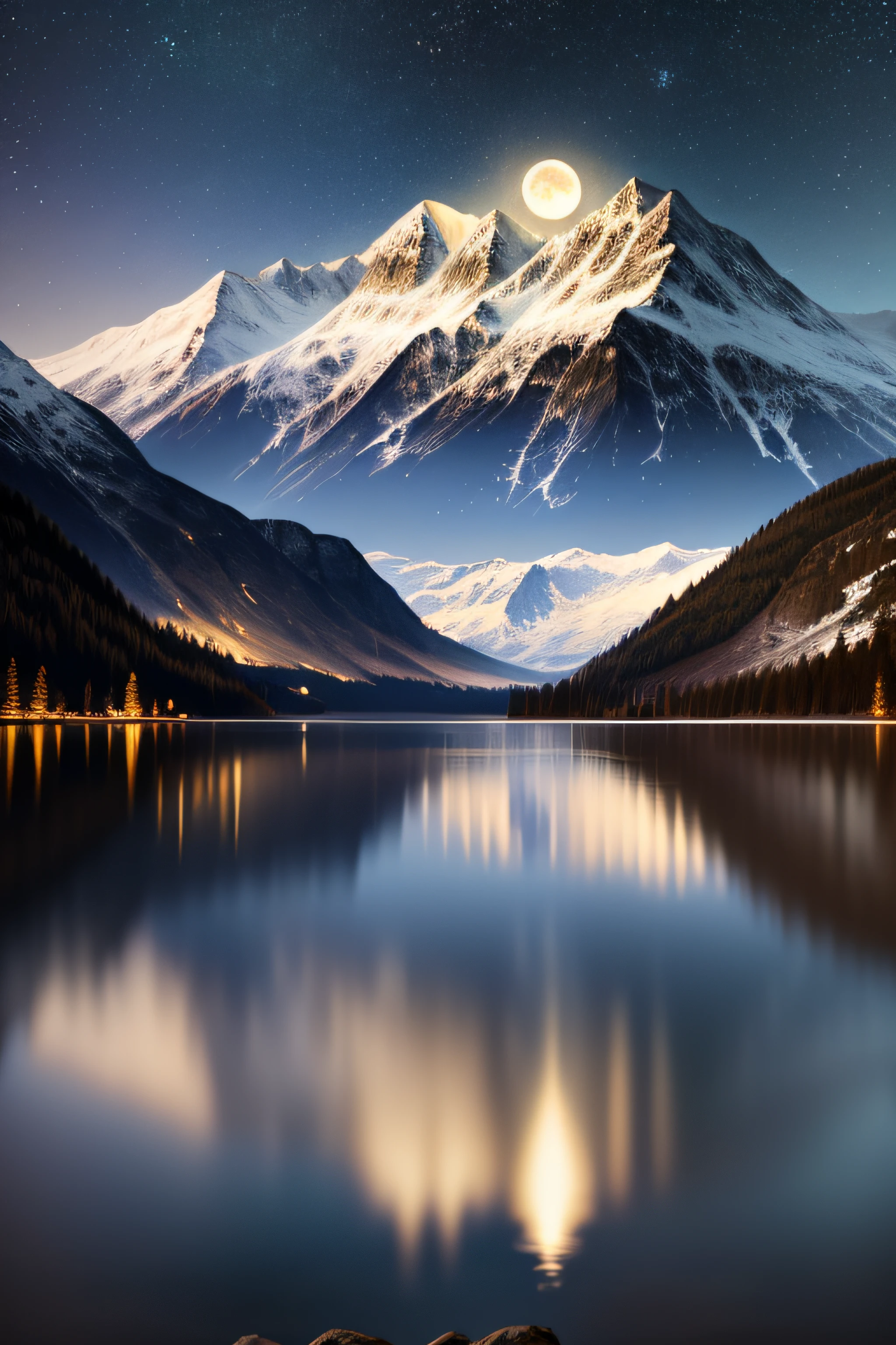 Very starry night. A giant moon behind the mountains. A tranquil lake reflecting the night. Realistic scene, detailed, photorealism, 8k