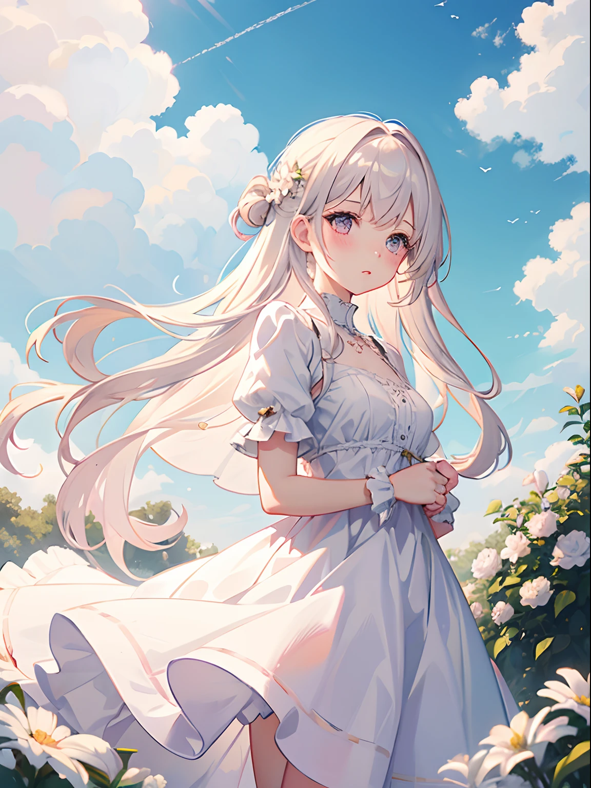 1girl, white medium hair, light pink eyes, center parted hair, cute, blush, medium breast, white dress, flower garden, noon, blue sky, beautiful