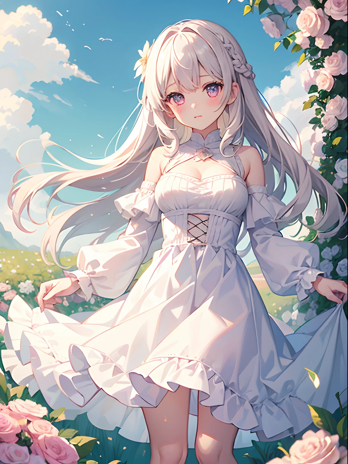 1girl, white medium hair, light pink eyes, center parted hair, cute, blush, medium breast, white dress, flower garden, noon, blue sky, beautiful