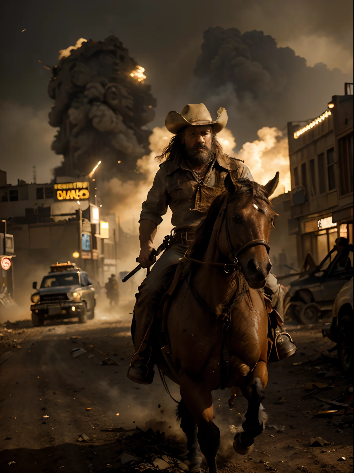 (best quality,4k,8k,highres,masterpiece:1.2),ultra-detailed,(realistic,photorealistic,photo-realistic:1.37),horseback-riding,city-warfare,Macnum.44 gun in hand,colt revolver,desert eagle gun,raging bull gun,preferring a cowboy look,western-style cowboy boots and hat,dusty and action-packed scene,horse galloping aggressively in a desert-like environment,powder smoke rising from the guns,authentic cowboy attire with leather chaps,detailed facial expression,resolute and fierce eyes,long and unkempt hair flowing in the wind,beard and mustache adding to the rugged appearance,expression of determination and focus,amidst a chaotic and bustling city,buildings and cars in ruins,streets filled with debris and smoke,shadows created by the towering structures,streets illuminated by the flickering lights of neon signs,post-apocalyptic setting,expressions of grit and resilience from the cowboy,emphasizing the intensity of the battle,sandstorm in the background,an adrenaline-fueled showdown between cowboys and urban mercenaries,high contrast and vibrant colors,accentuating the ruggedness and vibrancy of the scene,impactful and dramatic lighting,creating shadows and highlights that enhance the depth and intensity of the image.