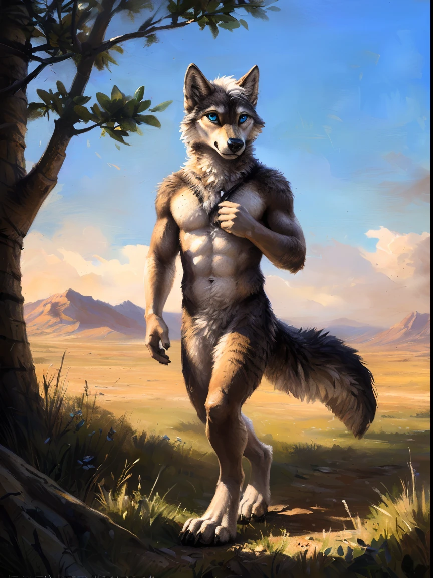 ((Solo)), male people, anthro wolf, (Multi-colored fur, White-brown:1.3,White tail pointed), (Height 2.1m,Tail length 1.2m), ((Wolf face, White hair, Big eyes, White eyelids, Blue pupil:1.2) (Tough, Calm expression:1.2)), Robust, Abs, pinging)), (Correct anatomy), Naked all over the body,A long big tail,Feet,(Realistic fur, Detailed fur texture, labeled:1.3)), (Natural lighting), Photorealistic, Hyperrealistic, ultradetailed, by Kenket,Endless grasslands,No artifacts,On the walk