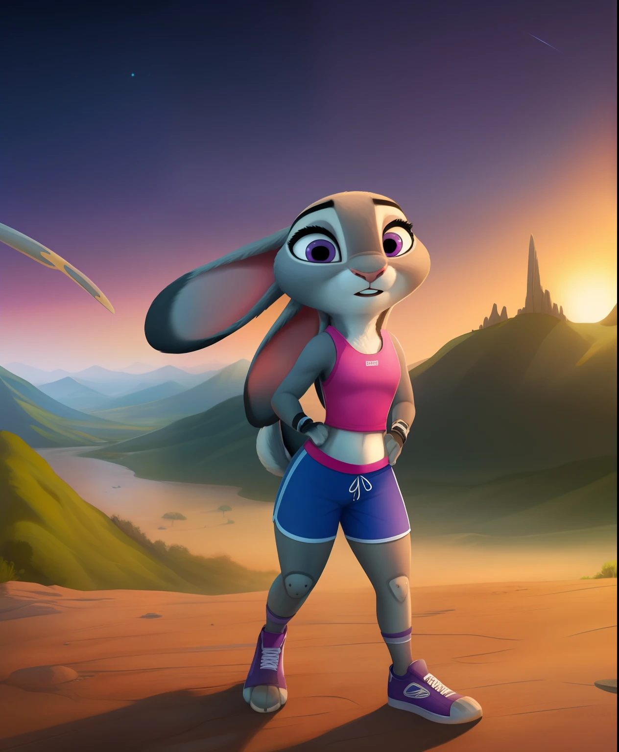 Ravager Judy Hopps, wristbands, shorts, sneakers, alien planet landscape in the background