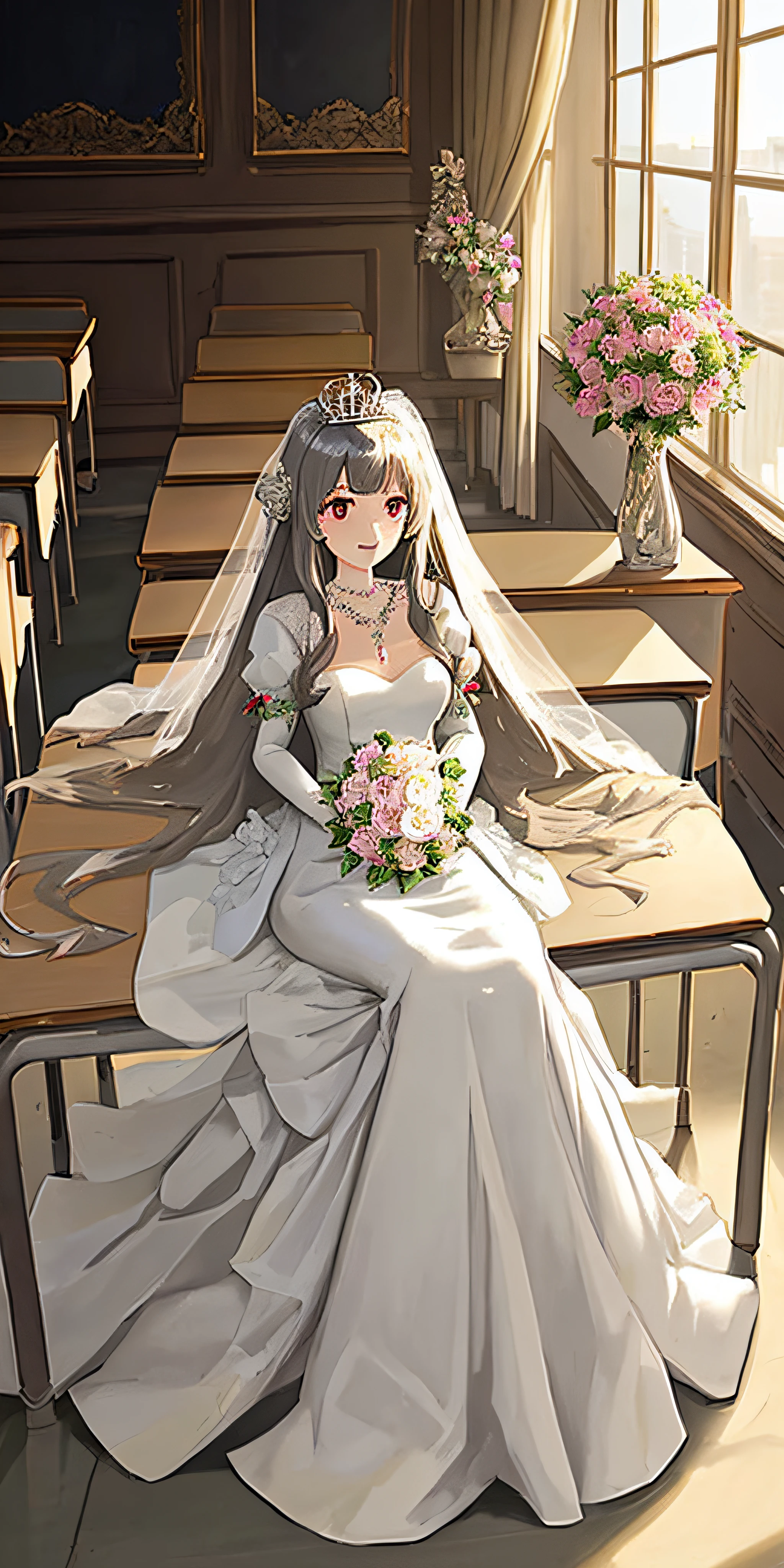 Background classroom, with desks, flower wedding, extra long multi-layer all-inclusive wedding dress, wedding dress puffed, full length gloves, extra long hair, skirt radius of 2 meters, crown, necklace, pendant, frightened mouth open, sitting by the window