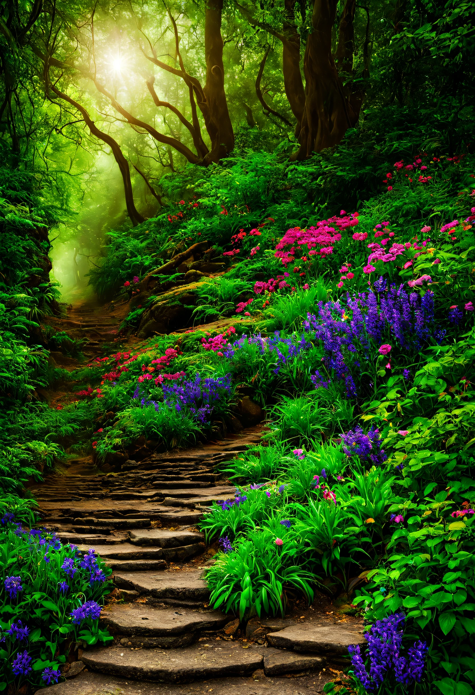 Photo taken from a distance on the path leading to the waterfall, blossoming path to heaven, Beautiful and mysterious, Beautiful fece, Beautiful images ever created, magical landscape, Glowing swirling mist, Truly beautiful nature, magical colors and atmosphere, Very beautifully、Ethereal, course, magical colors and atmosphere, very magical and dreamy, stairway to heaven, amazing wallpapers
