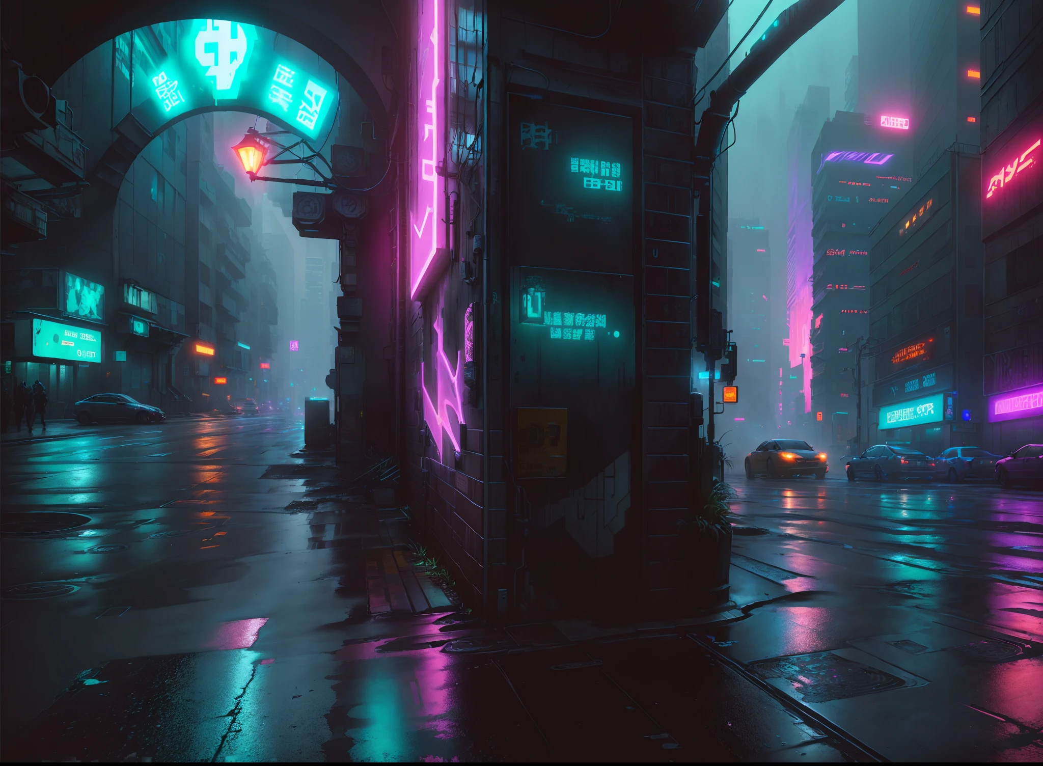 There is a photo of a city street, On which cars pass, City + Graffiti background, The left side of the image is in shadow, gloom, Gothic atmosphere, The lanterns are on, Linear Lighting, Cinematic neon matte painting, Urban concept art, hyper realistic cyberpunk city, Stylized works of urban fantasy, Cyberpunk style ， A hyper-realistic, cyberpunk city street background, Digital Graffiti Landscape, hyper realistic cyberpunk style, Cyberpunk Alley, cyberpunk city street, cyberpunk street, Matte Oil Painting