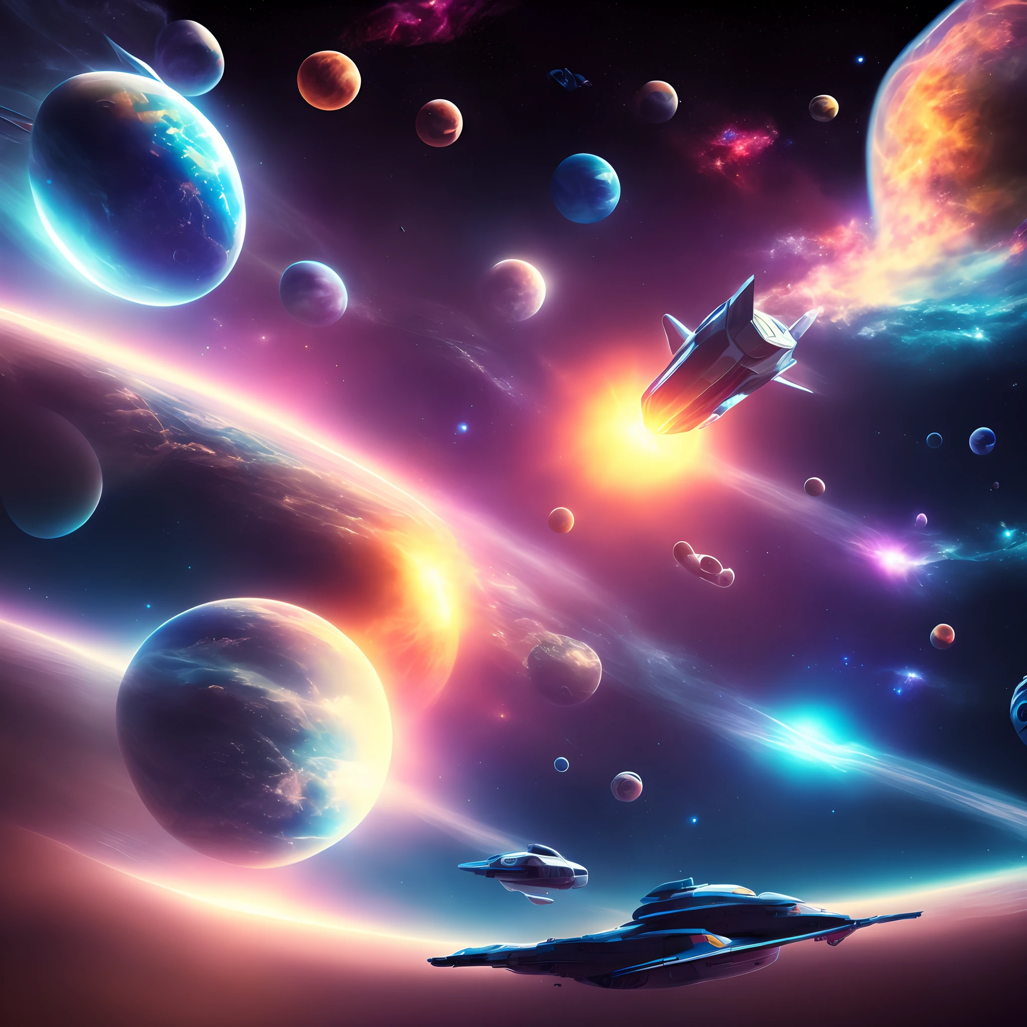 Futuristic space ships moving through outer space , planets, stars, galaxies in space bright colors of space , futuristic fantasy image