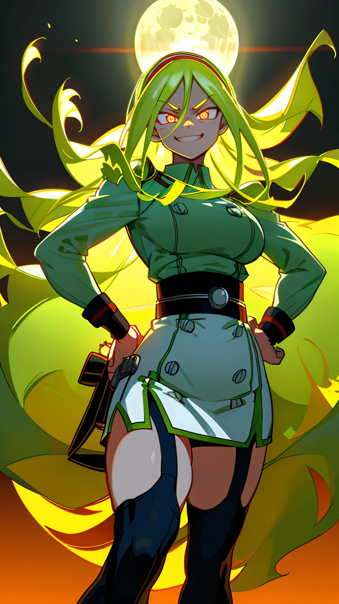 [burnin], [Boku no hero academia], [Uploaded to rule34.xxx; (shosho_oekaki), (shoganight), (kingmaster)], ((masterpiece)), ((solo portrait)), ((HD)), ((high res)), ((anime)), ((detailed shading)), ((soft lighting)), ((beautiful render art)), ((cinematic lighting)), {(moe kamiji); (cute orange-red eyes), (glowing eyes), (long light-green glowing hair), (long green flaming hair), (large boobs), (gorgeous wide hips), (muscular legs), (thick thighs), (muscular calves), (defined arm muscles), (smug grin), (cute fangs)}, {(hero costume), (white minidress), (tight white split pencil skirt), (black garterbelt thigh-highs), (black boots), (red headband)}, {(dynamic pose), (standing), (hand on hip), (looking at viewer)}, [Background; (starry sky), (full moon), (skyscrapers)]