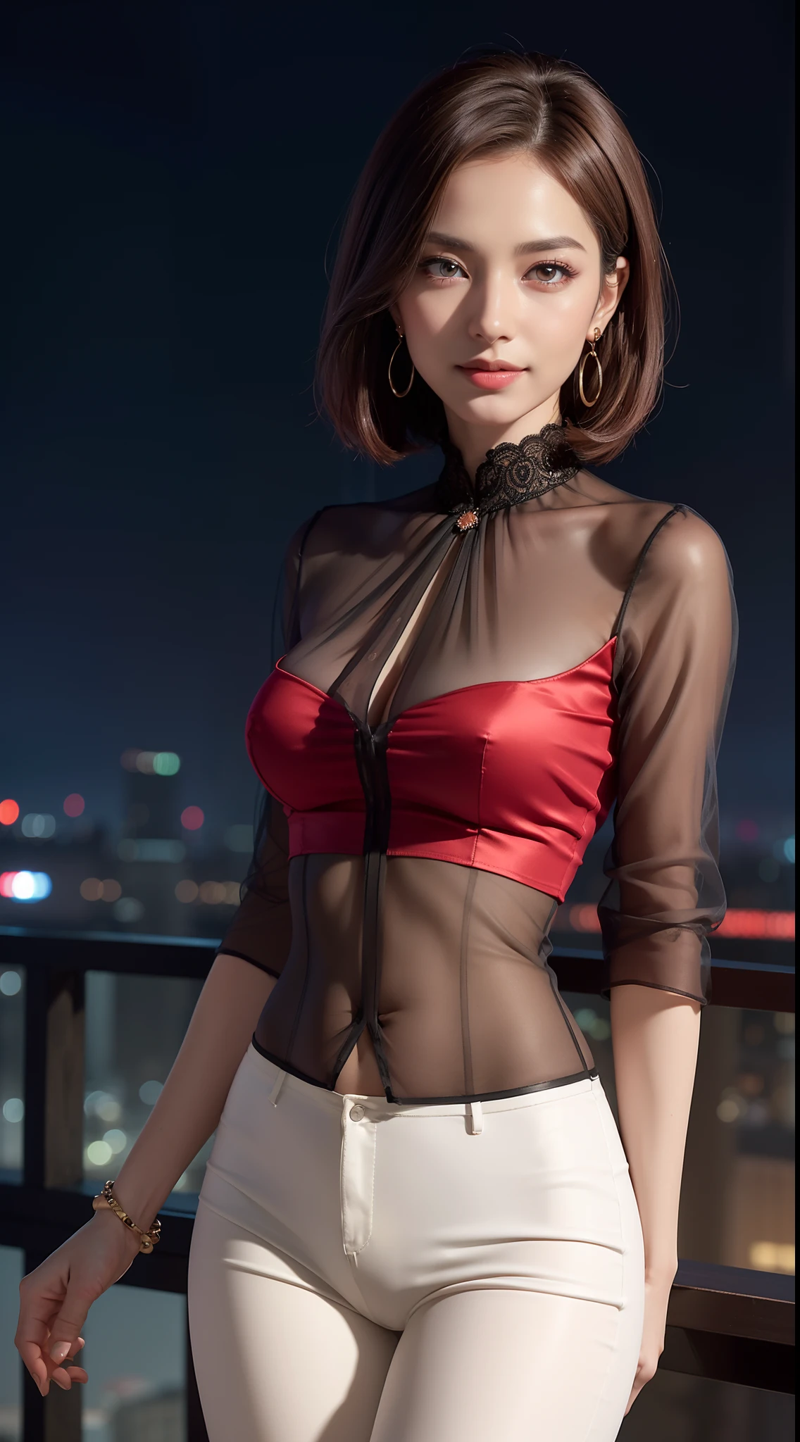8k, masterpiece, RAW photo, best quality, photorealistic, extremely detailed CG unity 8k wallpaper, Depth of field, Cinematic Light, Lens Flare, Ray tracing, (extremely beautiful face, beautiful lips, beautiful eyes), intricate detail face, ((ultra detailed skin)) 1girl, in the dark, deep shadow, pretty Asian girl, idol, 1 girl, (very slim slender fit-muscled body:1.3), ((looking at viewer)),(big smile:1.3), (tight laced blouse), (short sleeve) , (city night, dark night, (neon sign), (blurred background), dim lights, cityscape, rooftops, beautiful earrings, bracelets, necklace, clear eyes, (pale skin), (big eyes), face forward, ((upper body shot)), (black, red silk pants),(brown hairs), (silk blouse), laced jacket , (looking at viewer:1.3), open breast, (very slim), medium breasts, (see through),((flooming laced)), (camel toe), short hair, laced blouses, thick thighs, medium butt, (red color pants)