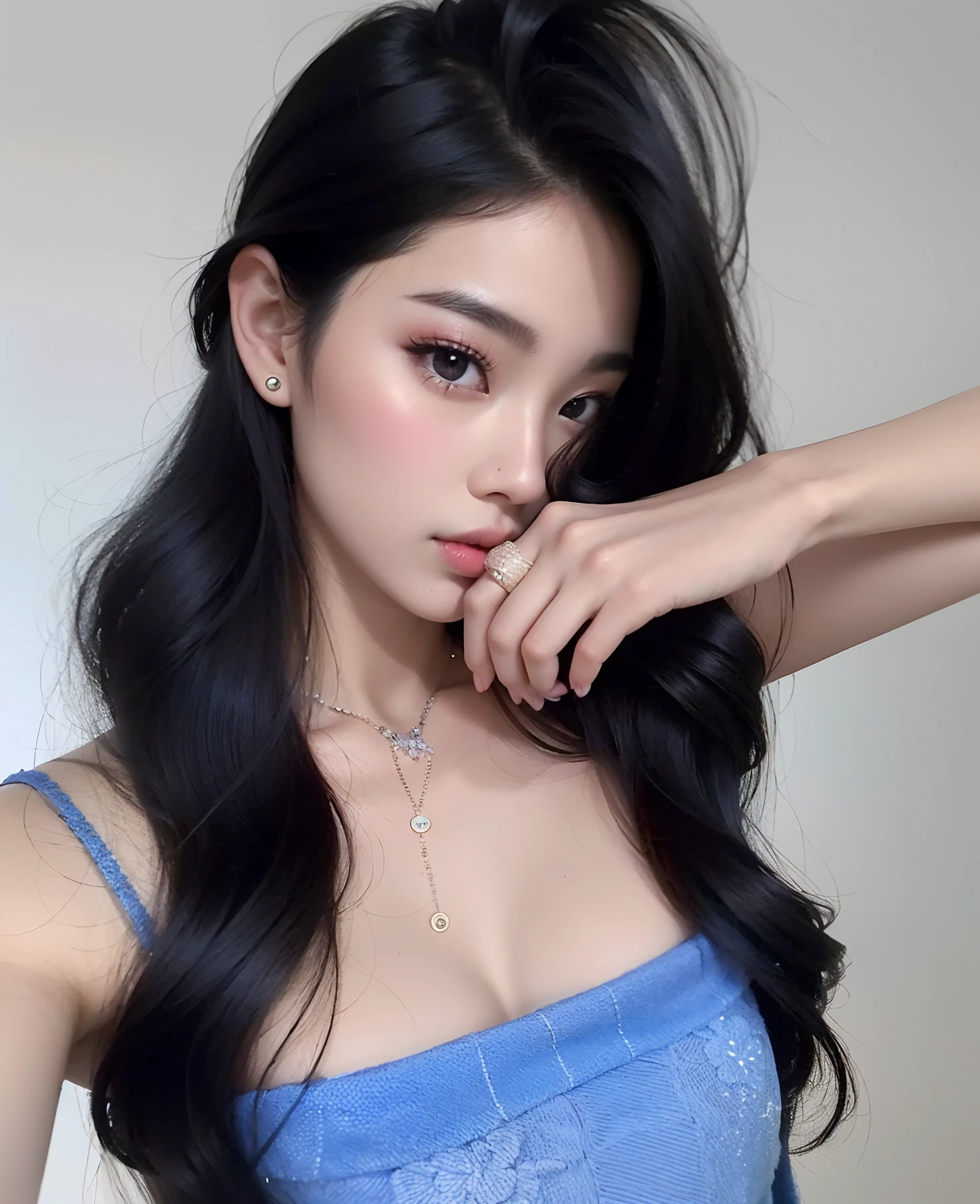 Close up of woman with long dark hair wearing blue dress, korean, linda mulher korean jovem, Mulher sul-korean bonita, Best Face, Beautiful asian girl, mulher korean jovem bonita, Asian features, woo sision, Jinyoung Canella, young cute white asian face, asian girl, Jenny Blackpink, asian girl with long hair, Shentong Chen, Chinese
