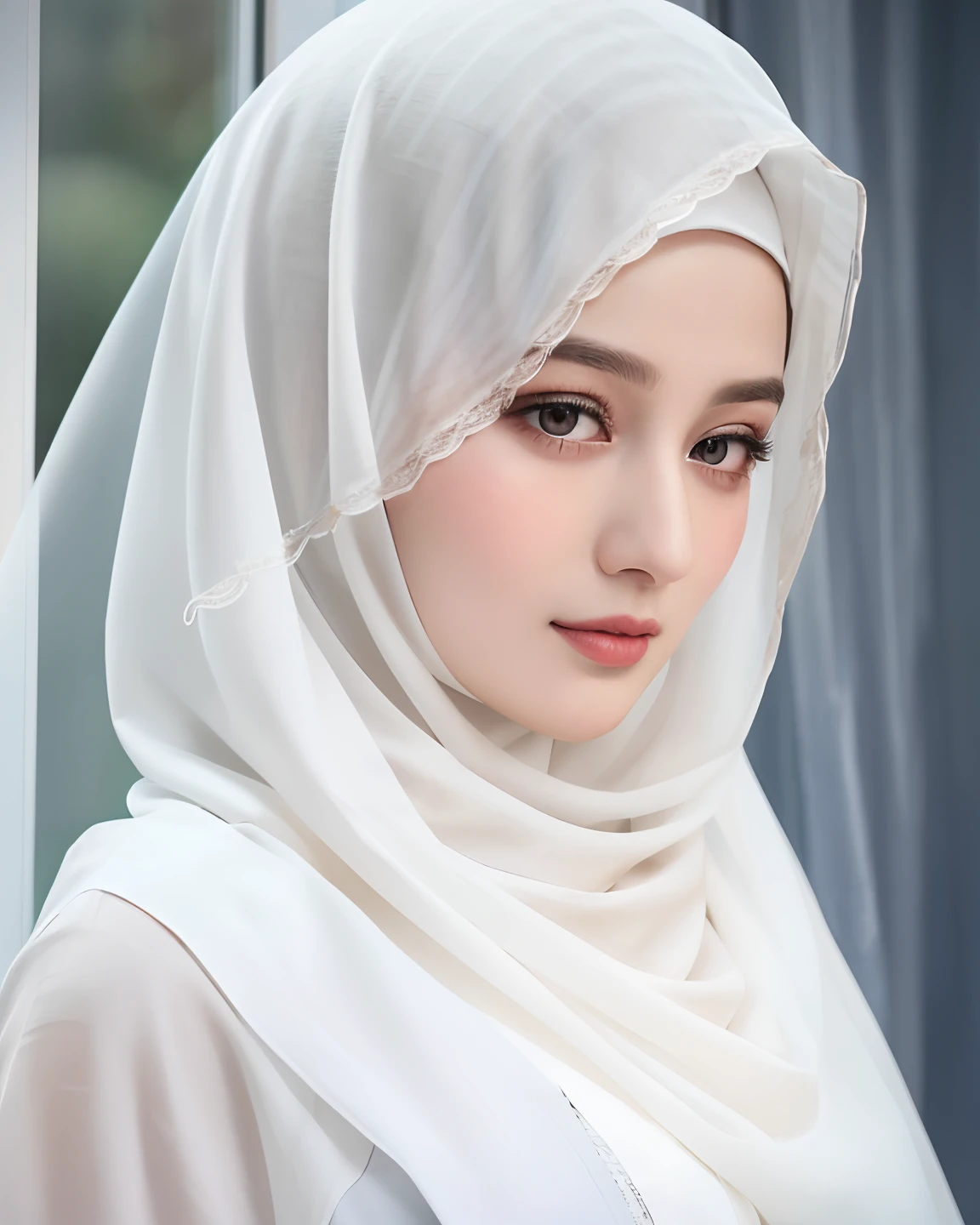 there is a woman wearing a hijab looking out a window, hijab, veiled, white hijab, veiled face, beautiful delicate face, very beautiful girl, lovely delicate face, pale-skinned persian girl, beautiful arab woman, beautiful, high quality portrait, portait photo profile picture, traditional beauty, very extremely beautiful, muslim, beautifully, beautiful girl