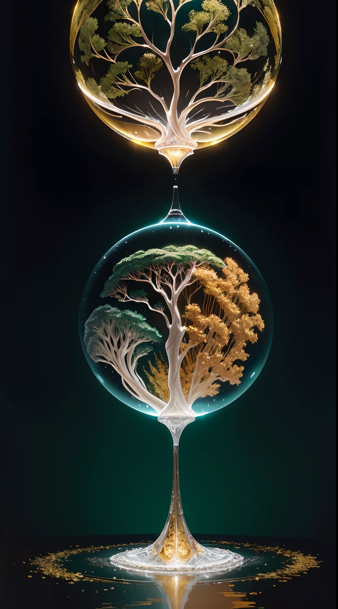 Magical symmetry full-body photo with oil painting，Green background，With thick brushstrokes and wet paint，the golden ratio，3D，The top is wrapped in a crystal ball，Neurographics，neurons，The Tree of Life，colours，white colors，oil on the canvas，Thick brushstrokes，insanely details，8k ，tmasterpiece，art  stations，ultra-realistic realism