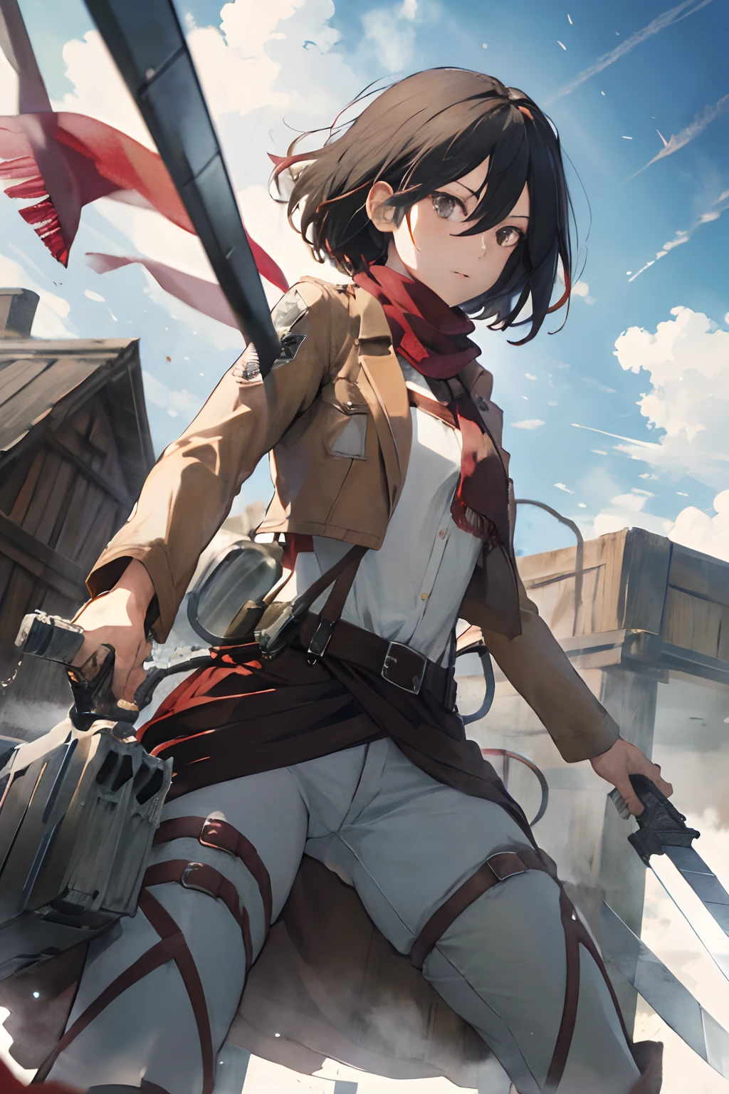 masterpiece, best quality, highres, hmmikasa, short hair, black eyes, scarf, emblem, belt, thigh strap, red scarf, white pants, brown jacket, long sleeves, holding weapon, sword, dual wielding, three-dimensional maneuver gear, fighting stance, sky,