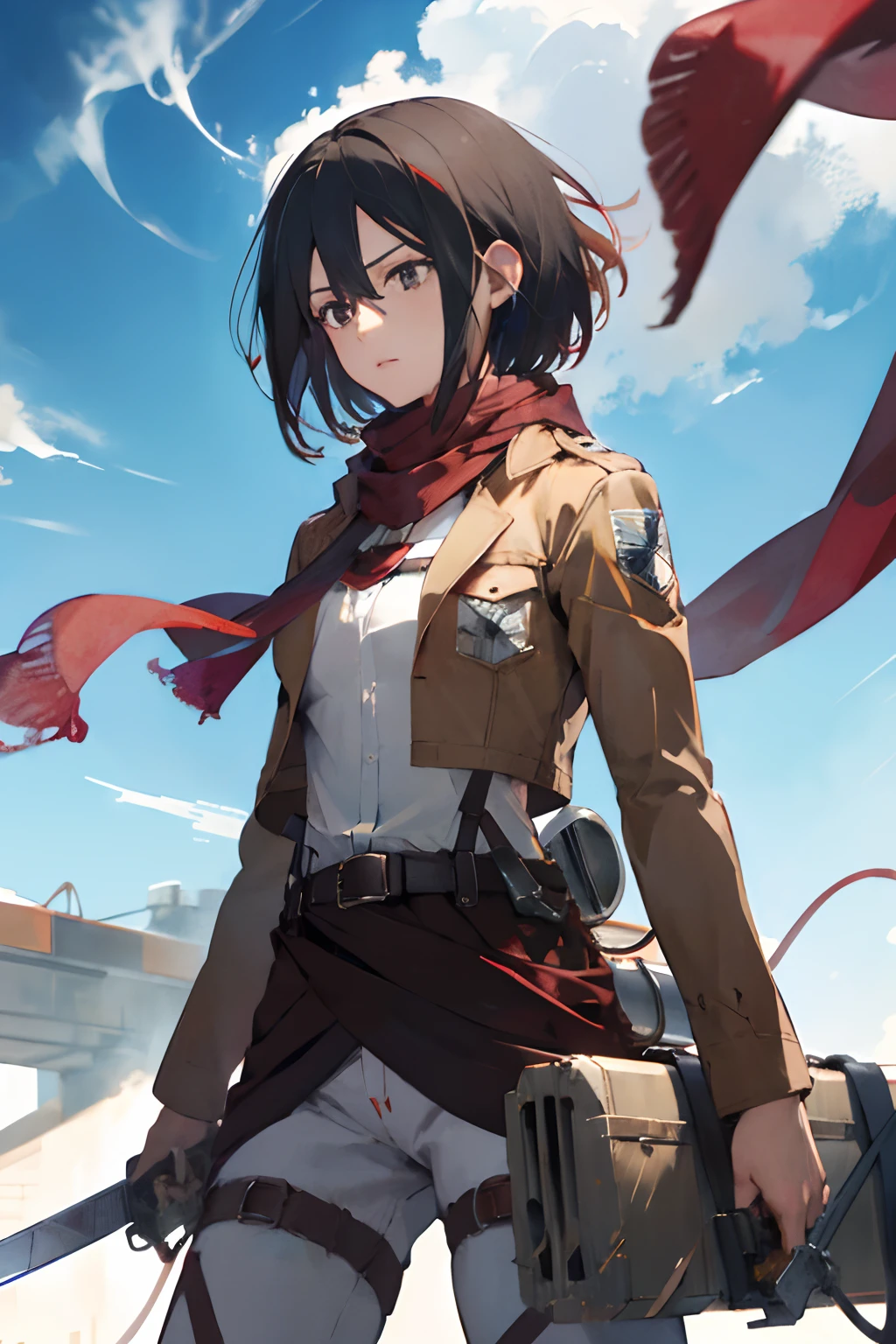 masterpiece, best quality, highres, hmmikasa, short hair, black eyes, scarf, emblem, belt, thigh strap, red scarf, white pants, brown jacket, long sleeves, holding weapon, sword, dual wielding, three-dimensional maneuver gear, fighting stance, sky,