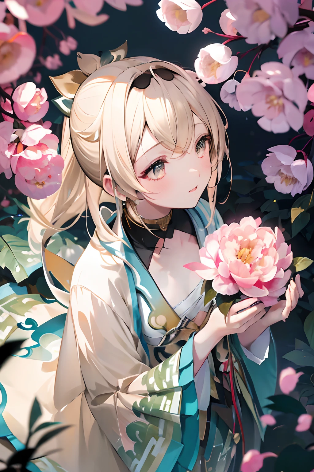 ((Kazama iroha)), ((masterpiece)), (Professional Photography:1.2), camelliamix, from above, (laughing face), flat body, Beautiful flowers bloom, (sparkles), (There is a blooming camellia)，standing under a tree, (head looking up), Look at the tree, Natural soft light, macaron, Still ethereal, Crisp and smooth lines, radiant morning light, soft luminescent glow,