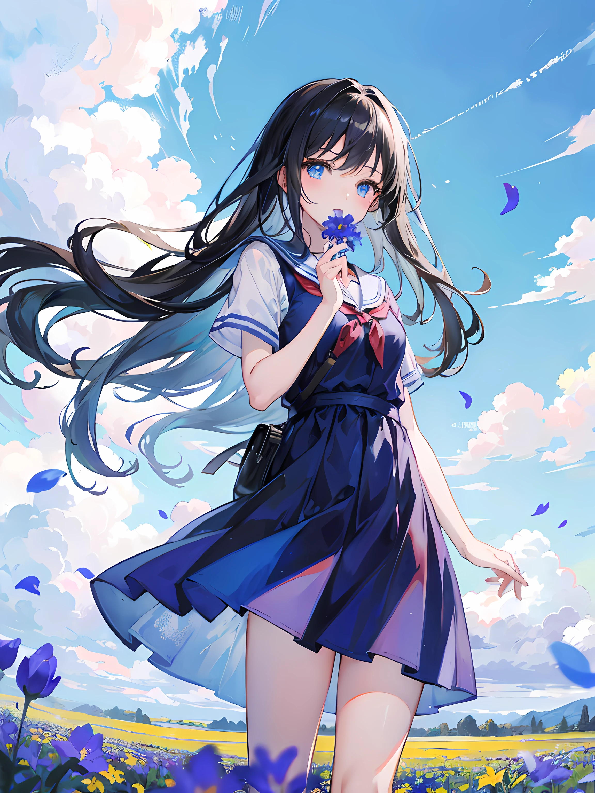 anime girl standing in a countryside, flower fields, blowing air, clear sky, blue dress, long black hair, blue eyes, small breasts, looking up into the sky, school girl, ultrasharp, masterpiece, high res, 8k