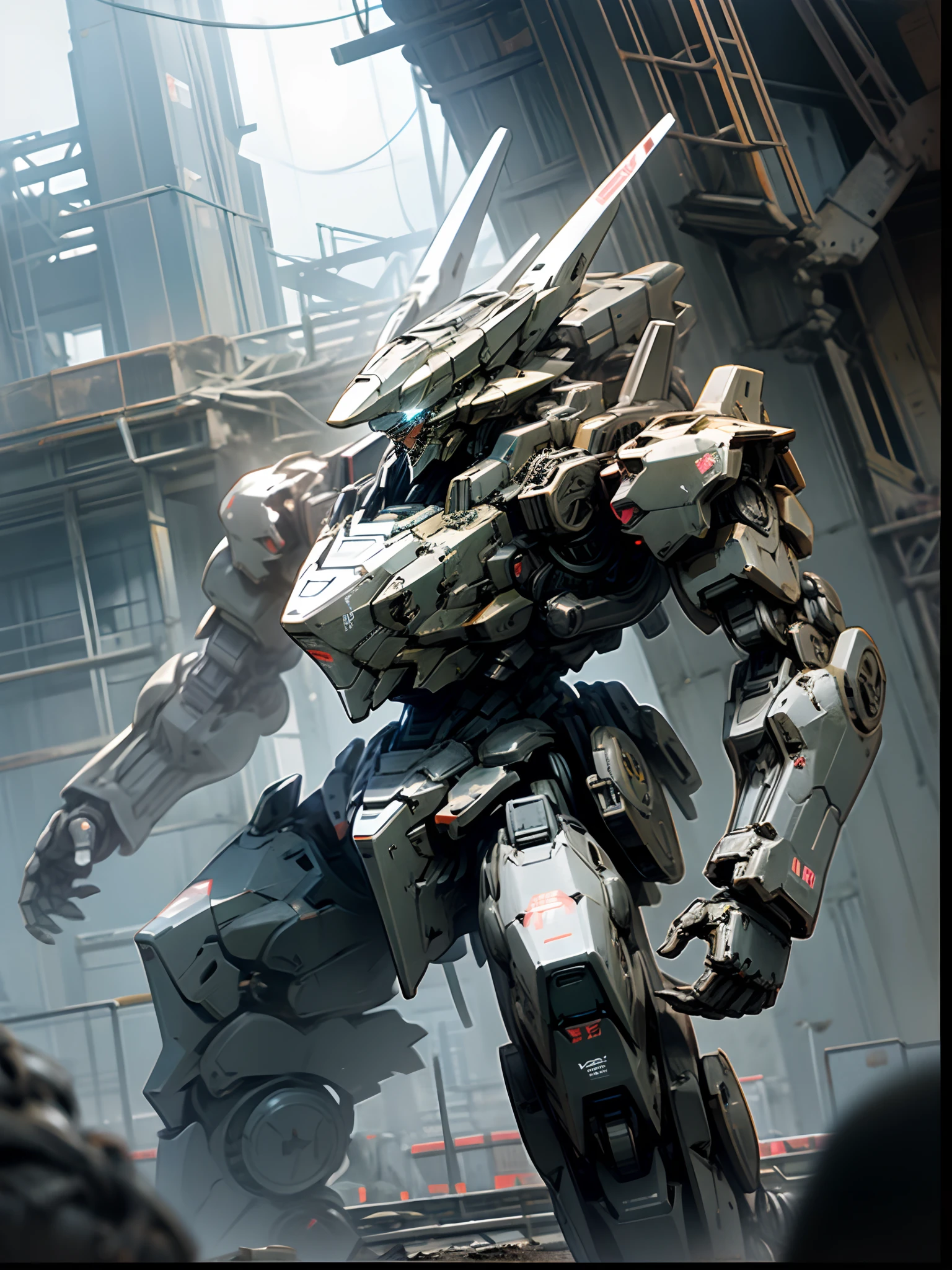 armored core style, huge robot, ruins,