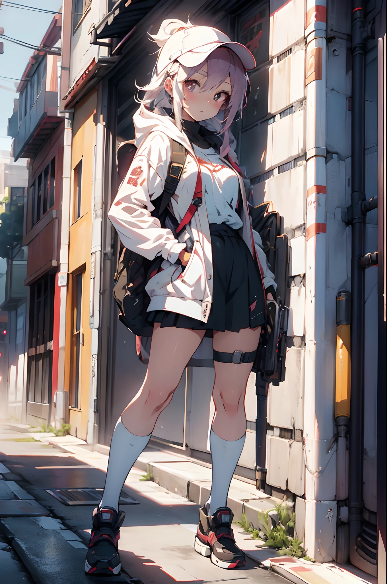 anime girl with a gun and a backpack standing in front of a wall of newspapers, long white haair, emo, Trendy Girl, wearing a cool jacket, cap, red brake wall with newspaper background, anime style 4 k, artwork in the style of guweiz, best anime 4k konachan wallpaper, cyberpunk anime girl in hoodie, anime art wallpaper 8 k, e-girl, e - girl, guweiz, anime style. 8k, anime art wallpaper 4 k