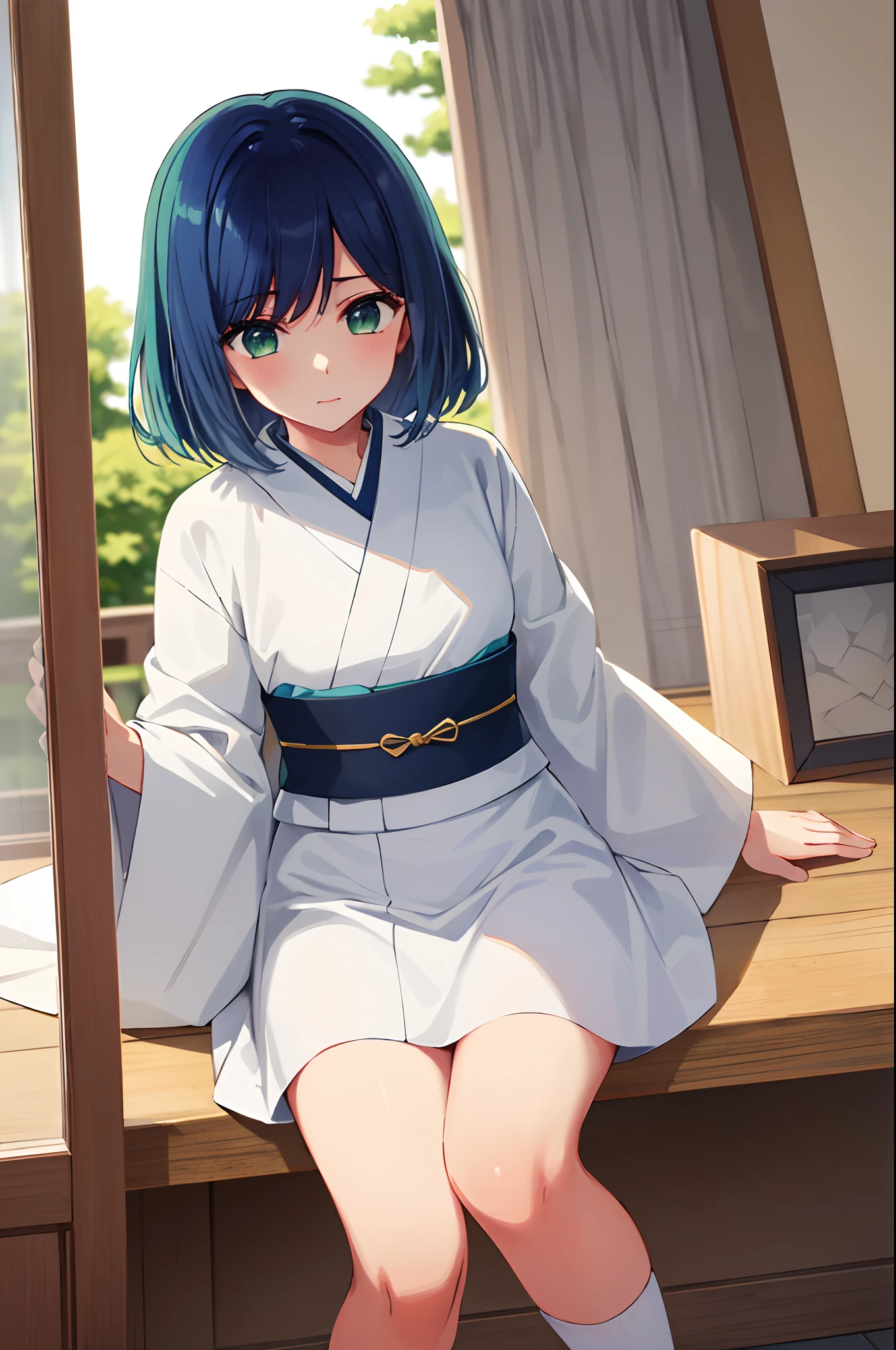 sit on stairs、open the thighs slightly、Sheer panties、(Skirt lifts up),Raw photography、top-quality、masterpiece、in 8K、realisitic、Raw photo、top-quality、japanes、(1girl in)、beauitful face、(light blue hair、Bob Hair Hair:1.3)、Beautiful hairstyle、realisticeyes、Beautiful Detail Eye、Beautiful skin、enticing、超A high resolution、A hyper-realistic、high-detail、the golden ratio、(详细的脸:1.4)、high-school uniform、