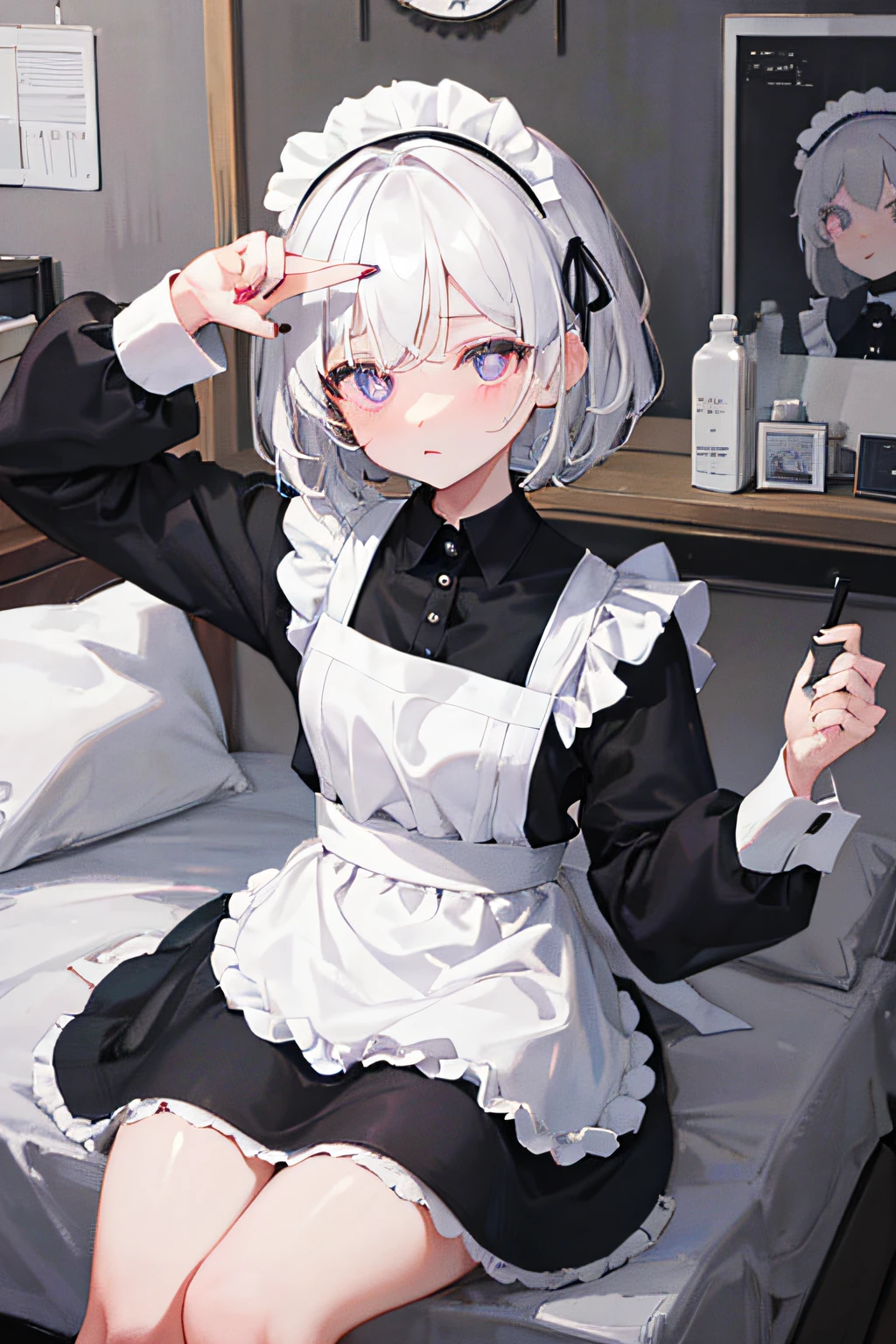 Black navy color scheme,((Short white hair)),Maid outfit,black fingernails,Purple pupils,Dumb cute