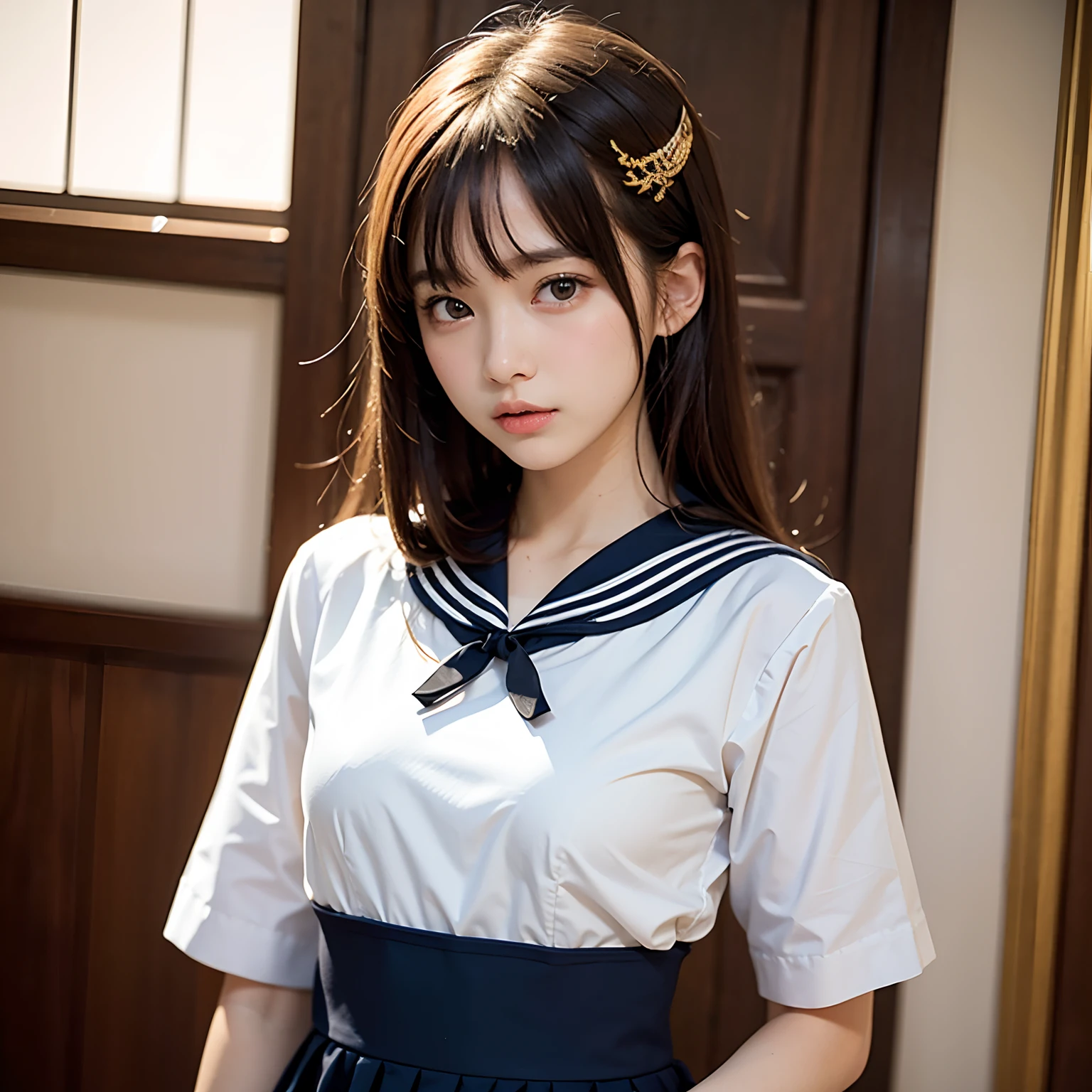 A cute girl who has been and tied up、Beauty、Make your eyes even、My hands are tied with ropes、Inside the hotel room、White short-sleeved shirt、Navy blue tanding in front of a wall、Age 25、Medium build、Like real life、highest quality、