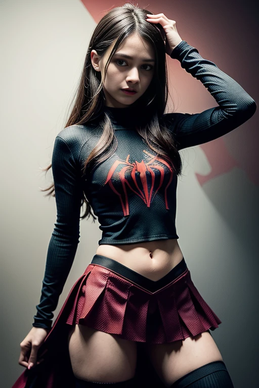 Melissa Benoist、Sticking out the navel、newyork、She wears a torn Spider-Man suit,wearing skirt、 Red and black color scheme,Dynamic、masterpiece、top-quality、ultra-detailliert、ighly detailed、beautiful detailed brilliance、超A high resolution