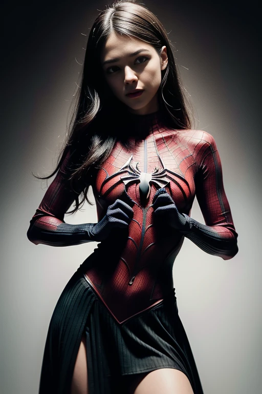 Lyndsy Fonseca、Sticking out the navel、newyork、She wears a torn Spider-Man suit,wearing skirt、 Red and black color scheme,Dynamic、​masterpiece、top-quality、ultra-detailliert、ighly detailed、beautiful detailed brilliance、超A high resolution