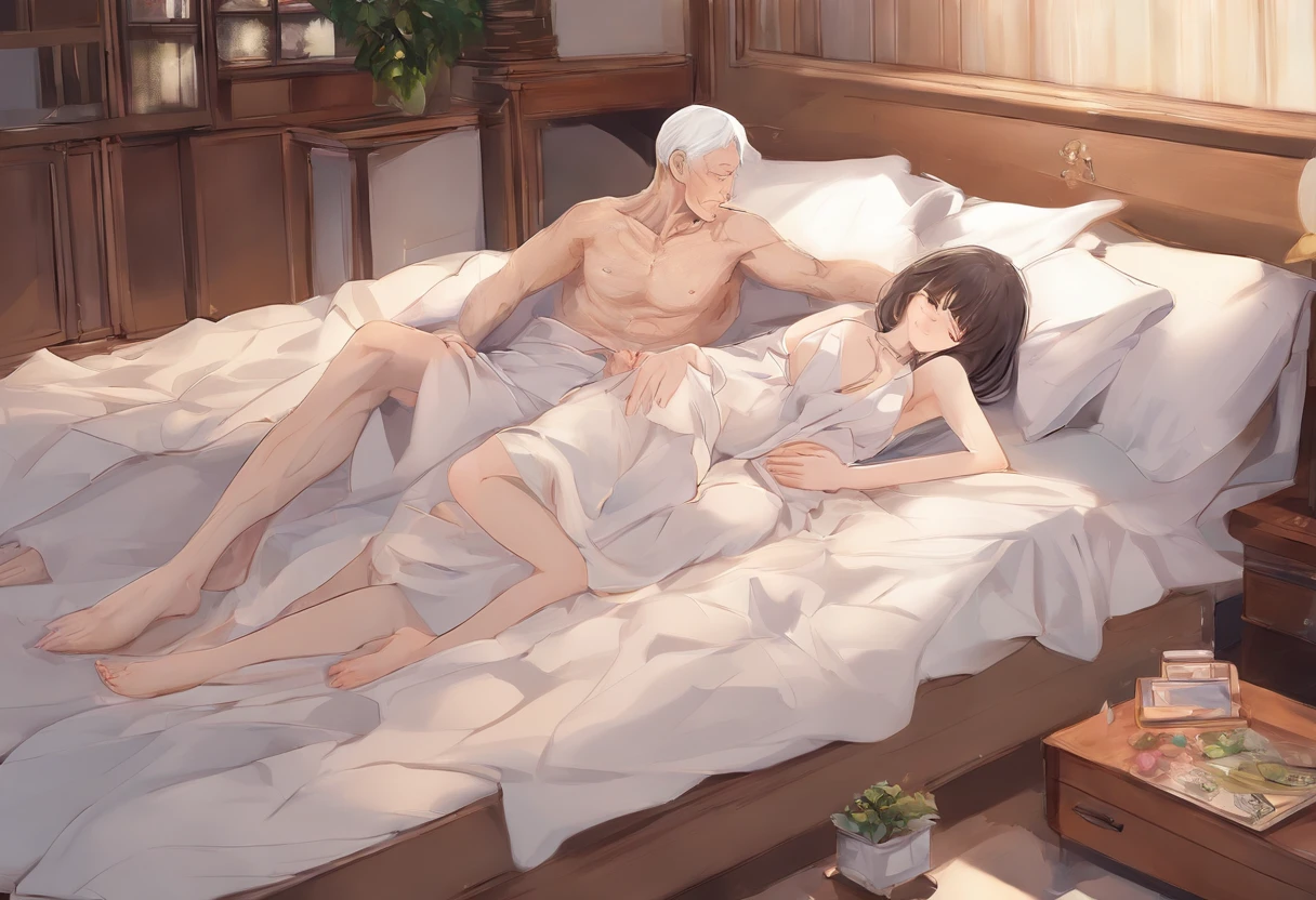 A old man and a girl sex in room in lap hug position sex, side view, home, bed,old man hugging the girl in tightly,lap hug sex, kissing with tounge,couples, gigantic_breasts, girl got huge breasts, high quality, realistic, Photorealistic, masterpiece, a girl with a old man, detailed old man, young girl, detailed old man, tattoo body girl, with closed eyes, detailed old man,4k, sitting lap sex, face to face lap hug sitting,sitting in the floor bedsheet, detailed old man,